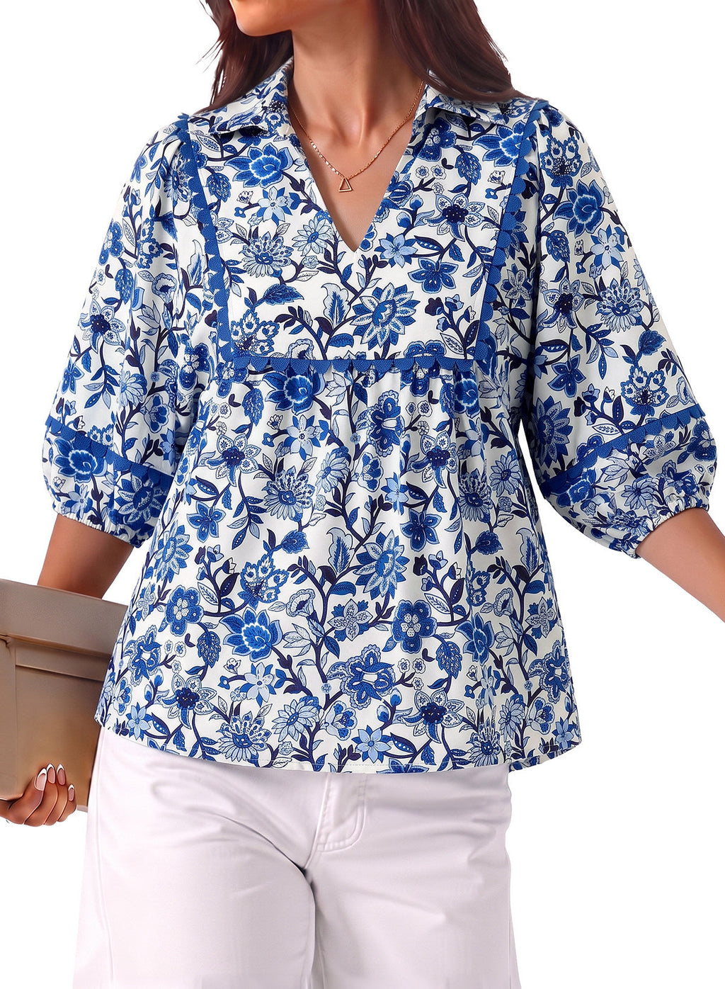 Dokotoo Womens Babydoll Tops 3/4 Sleeve Dressy Casual Blouse Collar Shirts