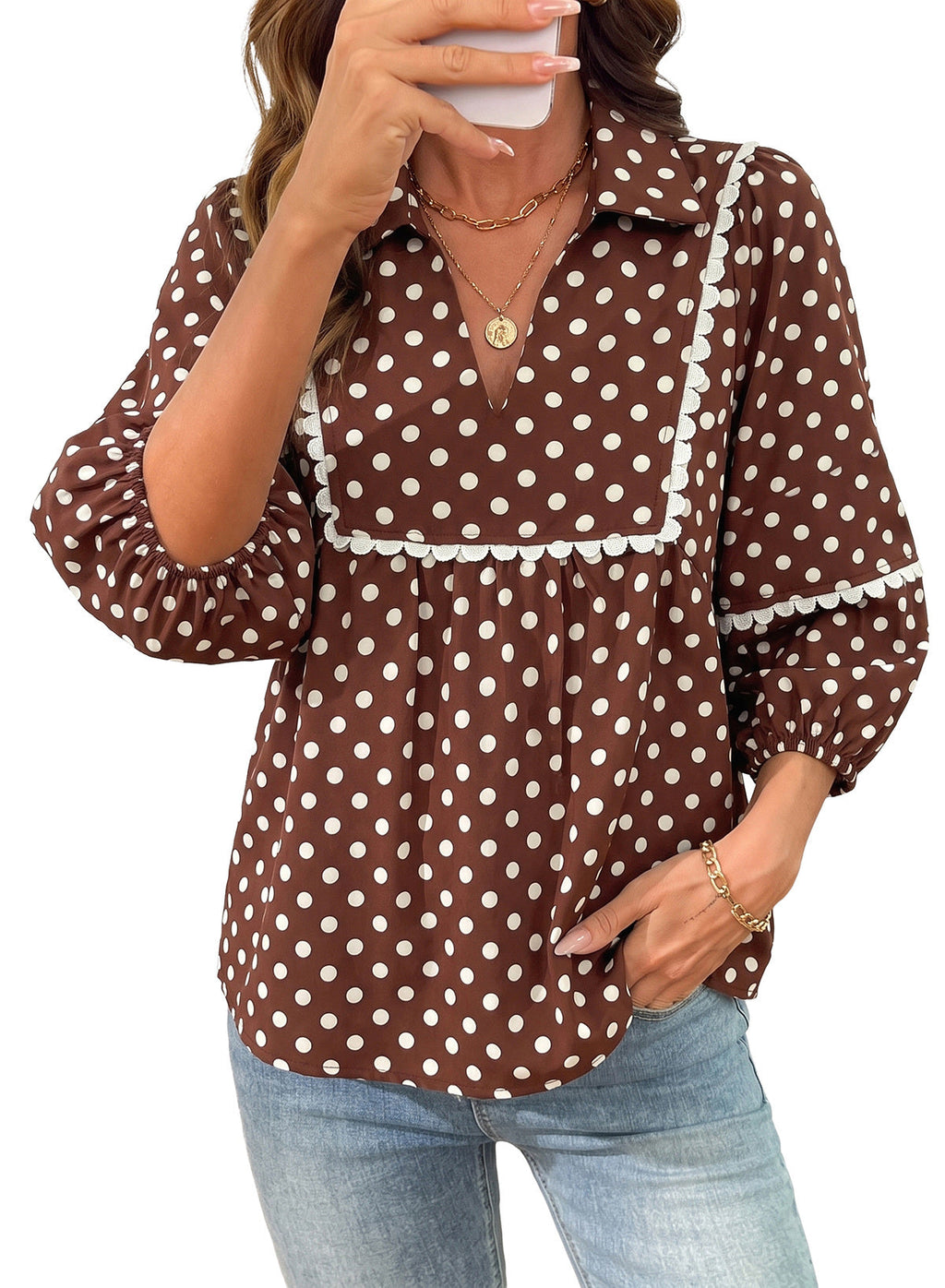 Dokotoo Womens Babydoll Tops 3/4 Sleeve Dressy Casual Blouse Collar Shirts