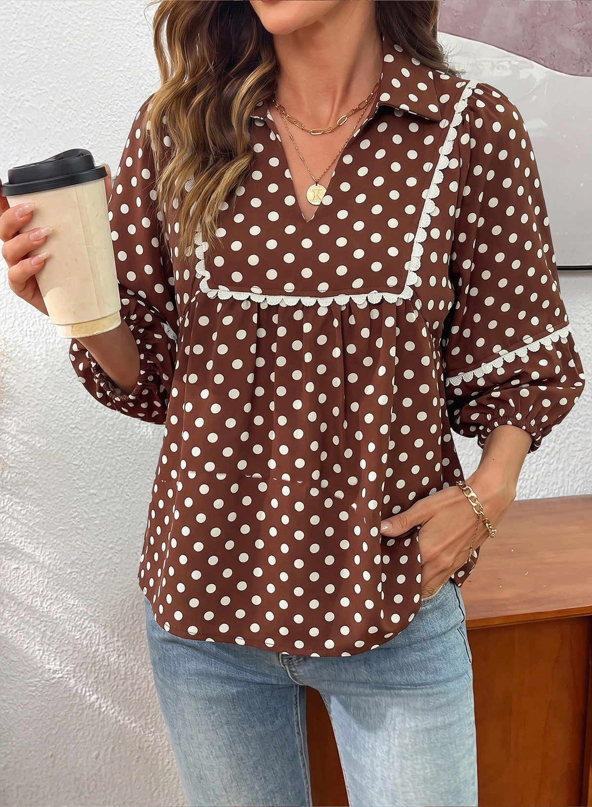 Dokotoo Womens Babydoll Tops 3/4 Sleeve Dressy Casual Blouse Collar Shirts