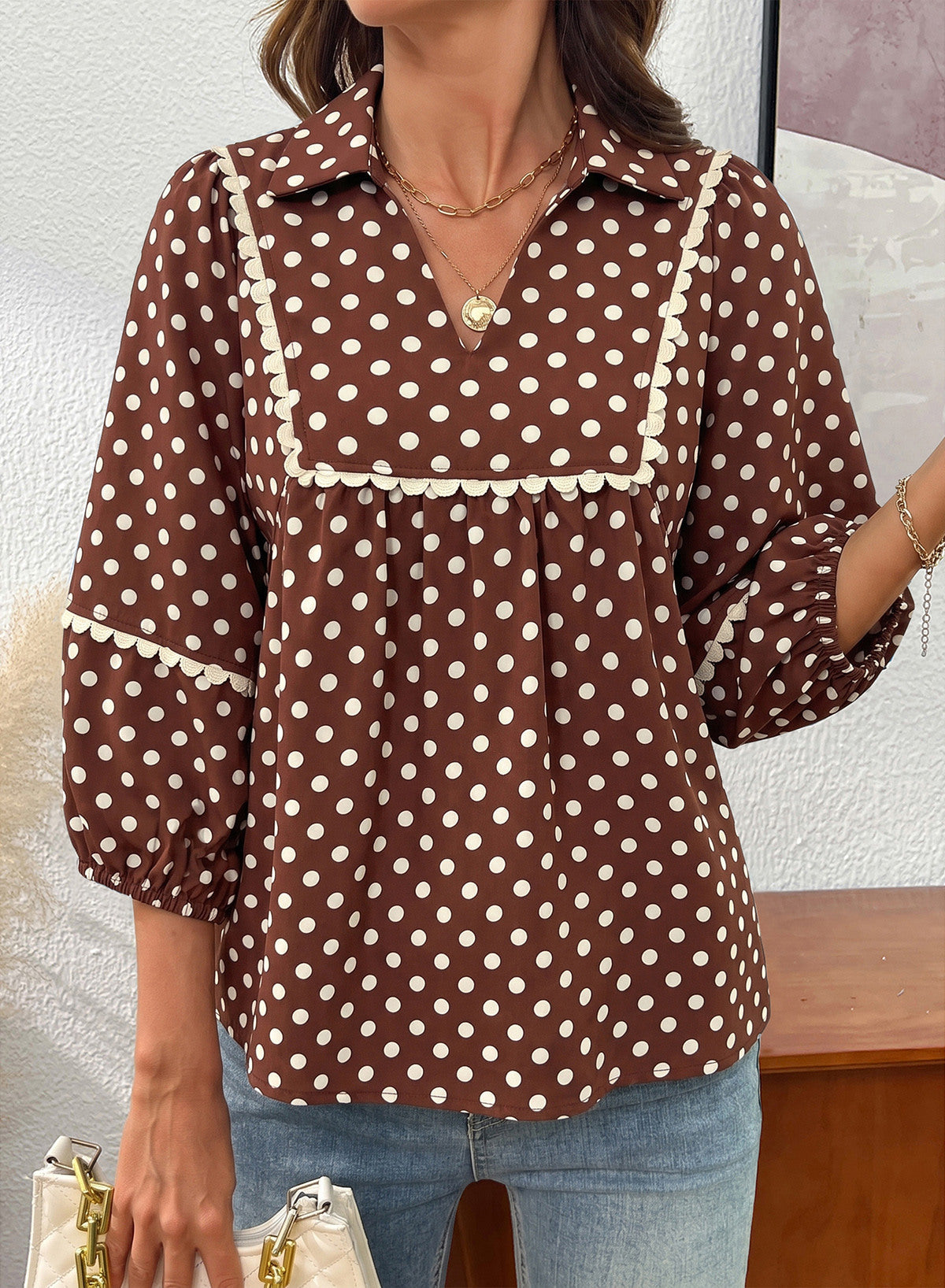 Dokotoo Womens Babydoll Tops 3/4 Sleeve Dressy Casual Blouse Collar Shirts