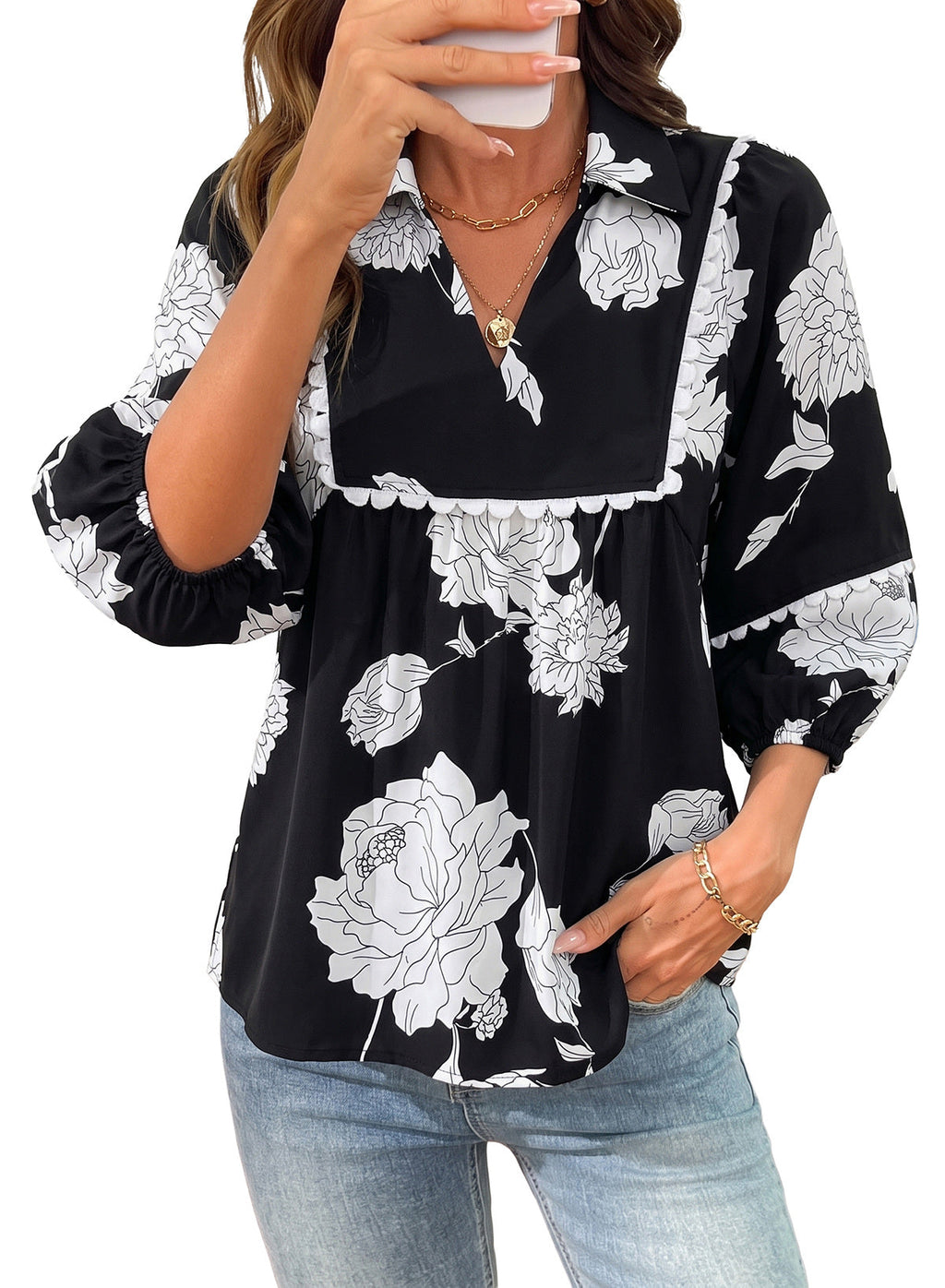 Dokotoo Womens Babydoll Tops 3/4 Sleeve Dressy Casual Blouse Collar Shirts