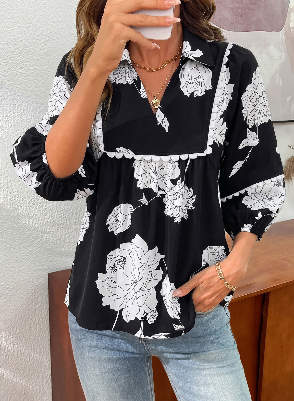 Dokotoo Womens Babydoll Tops 3/4 Sleeve Dressy Casual Blouse Collar Shirts