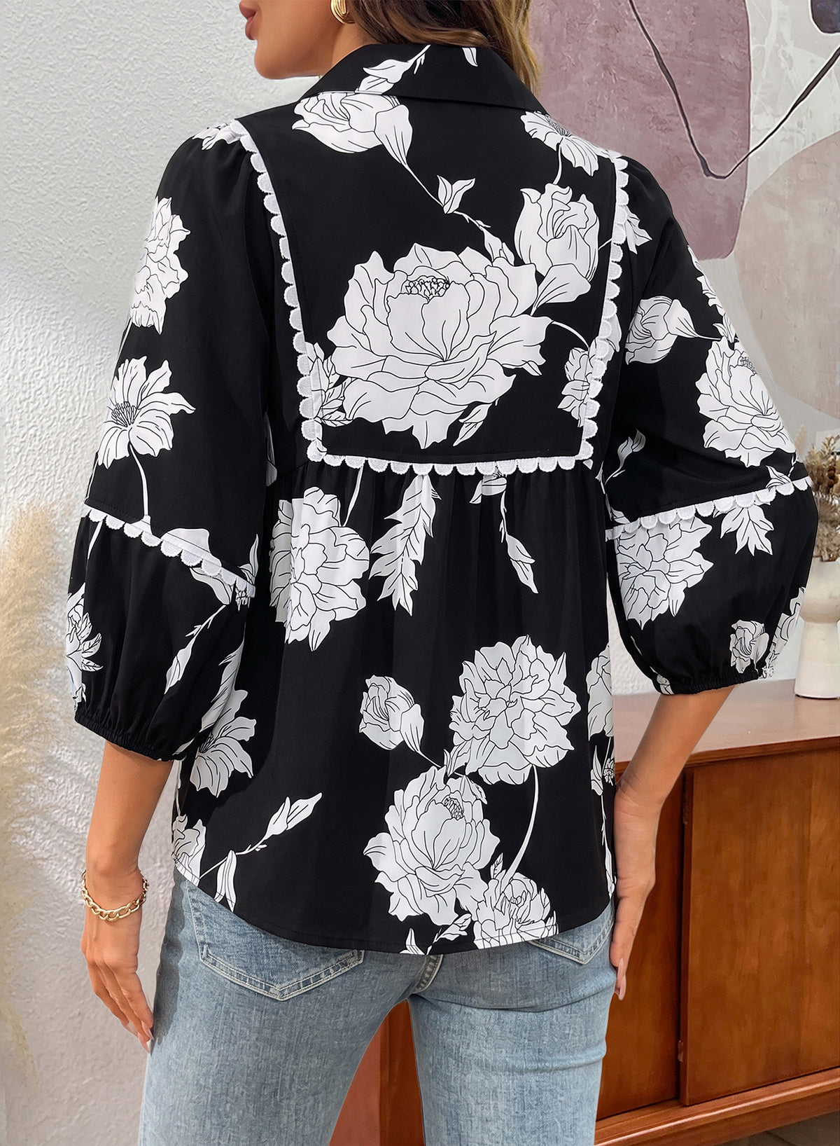 Dokotoo Womens Babydoll Tops 3/4 Sleeve Dressy Casual Blouse Collar Shirts