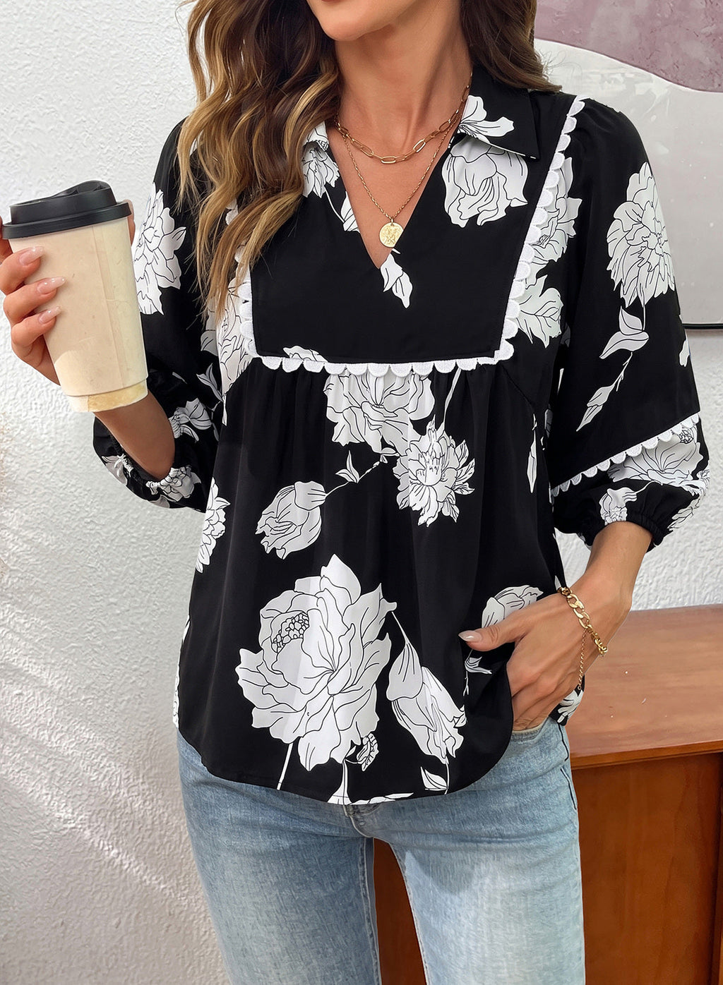 Dokotoo Womens Babydoll Tops 3/4 Sleeve Dressy Casual Blouse Collar Shirts