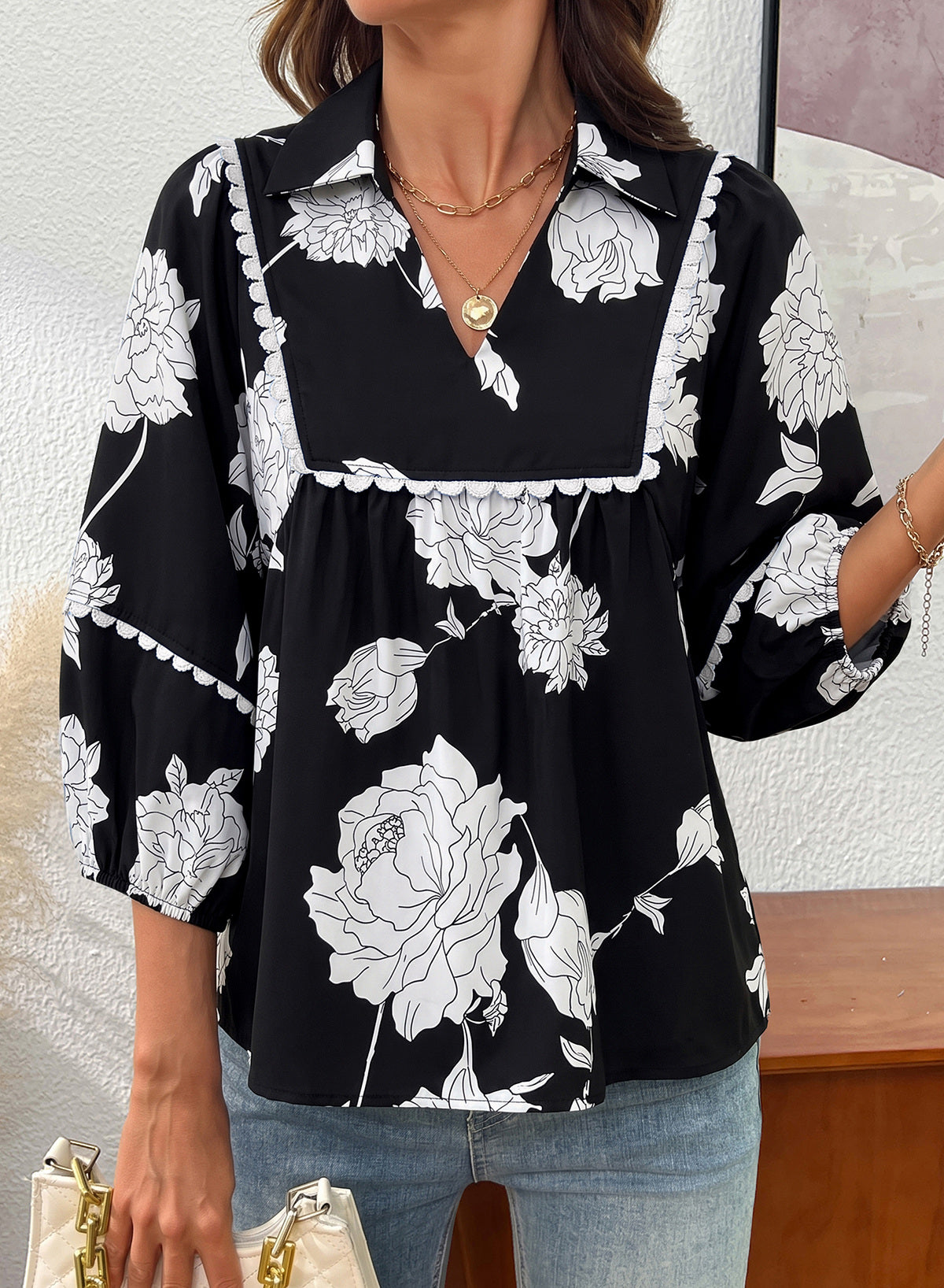 Dokotoo Womens Babydoll Tops 3/4 Sleeve Dressy Casual Blouse Collar Shirts