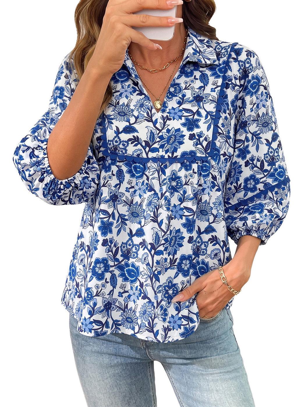 Dokotoo Womens Babydoll Tops 3/4 Sleeve Dressy Casual Blouse Collar Shirts