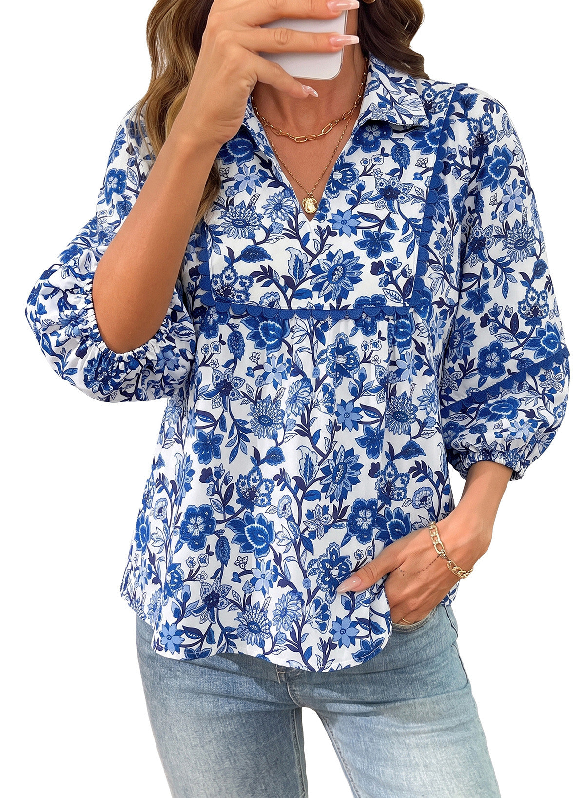 Dokotoo Womens Babydoll Tops 3/4 Sleeve Dressy Casual Blouse Collar Shirts