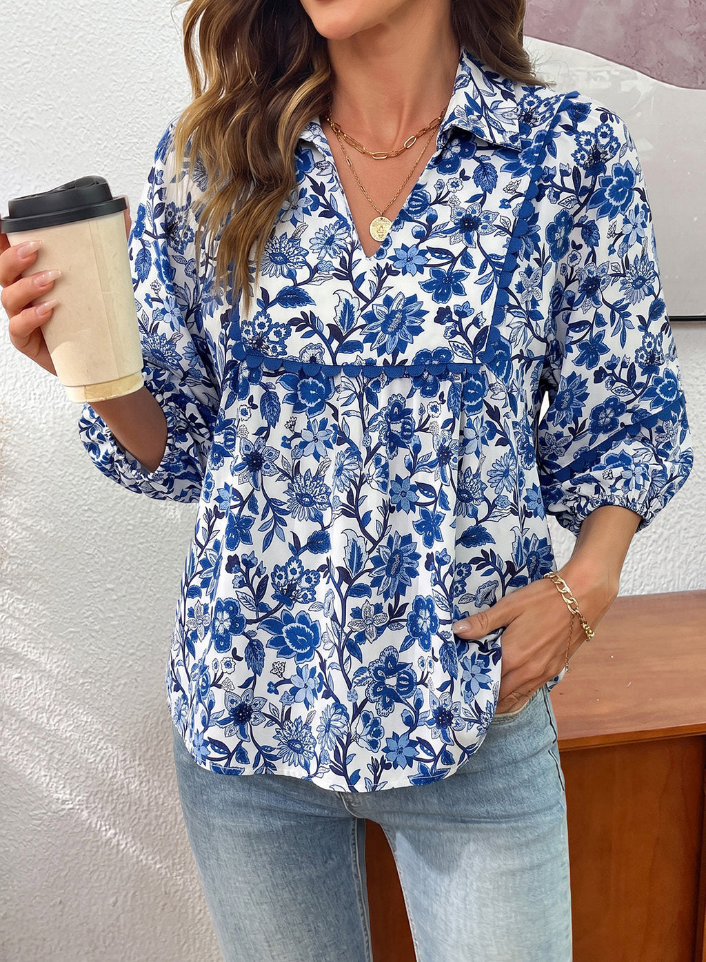 Dokotoo Womens Babydoll Tops 3/4 Sleeve Dressy Casual Blouse Collar Shirts