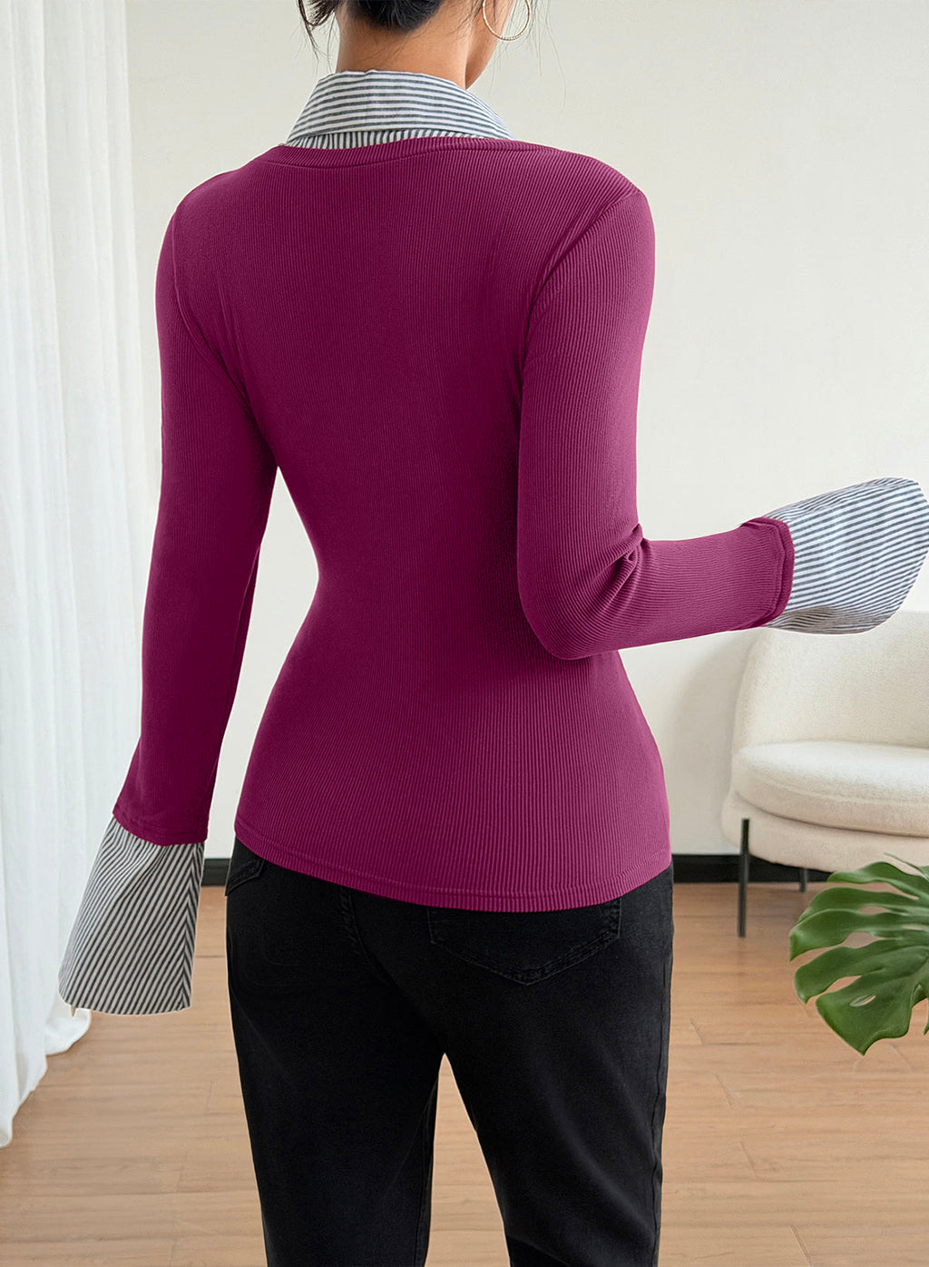 Dokotoo Womens Long Sleeve Polo Shirts Striped Collar Ribbed Knit Fit Tops