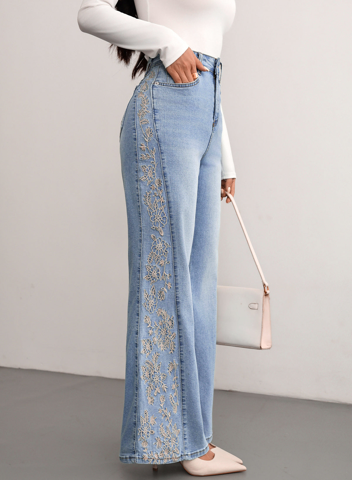 Dokotoo Women's Casual High Waist Embroidery Flare Leg Stretch Denim Pants