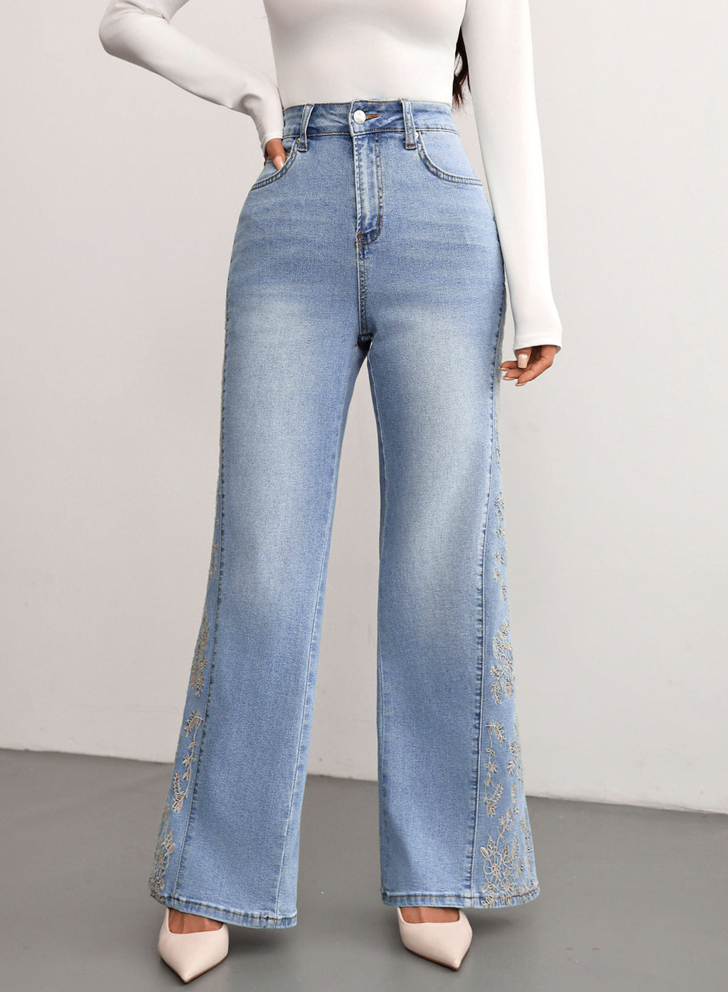 Dokotoo Women's Casual High Waist Embroidery Flare Leg Stretch Denim Pants