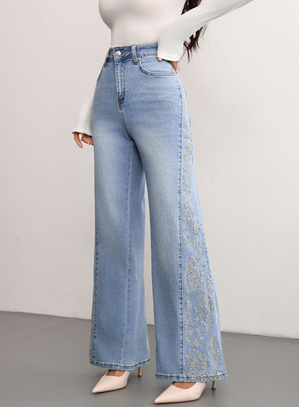Dokotoo Women's Casual High Waist Embroidery Flare Leg Stretch Denim Pants