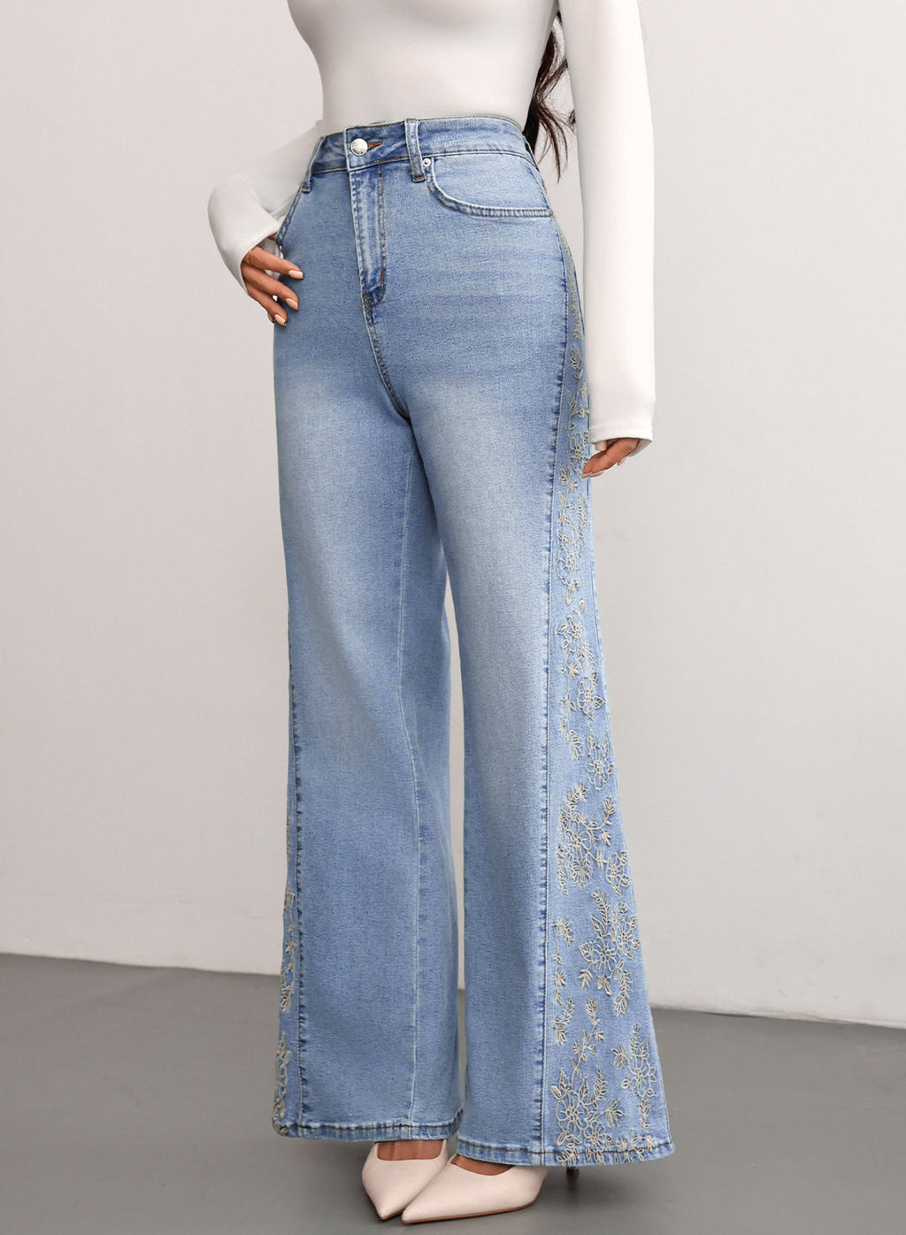 Dokotoo Women's Casual High Waist Embroidery Flare Leg Stretch Denim Pants