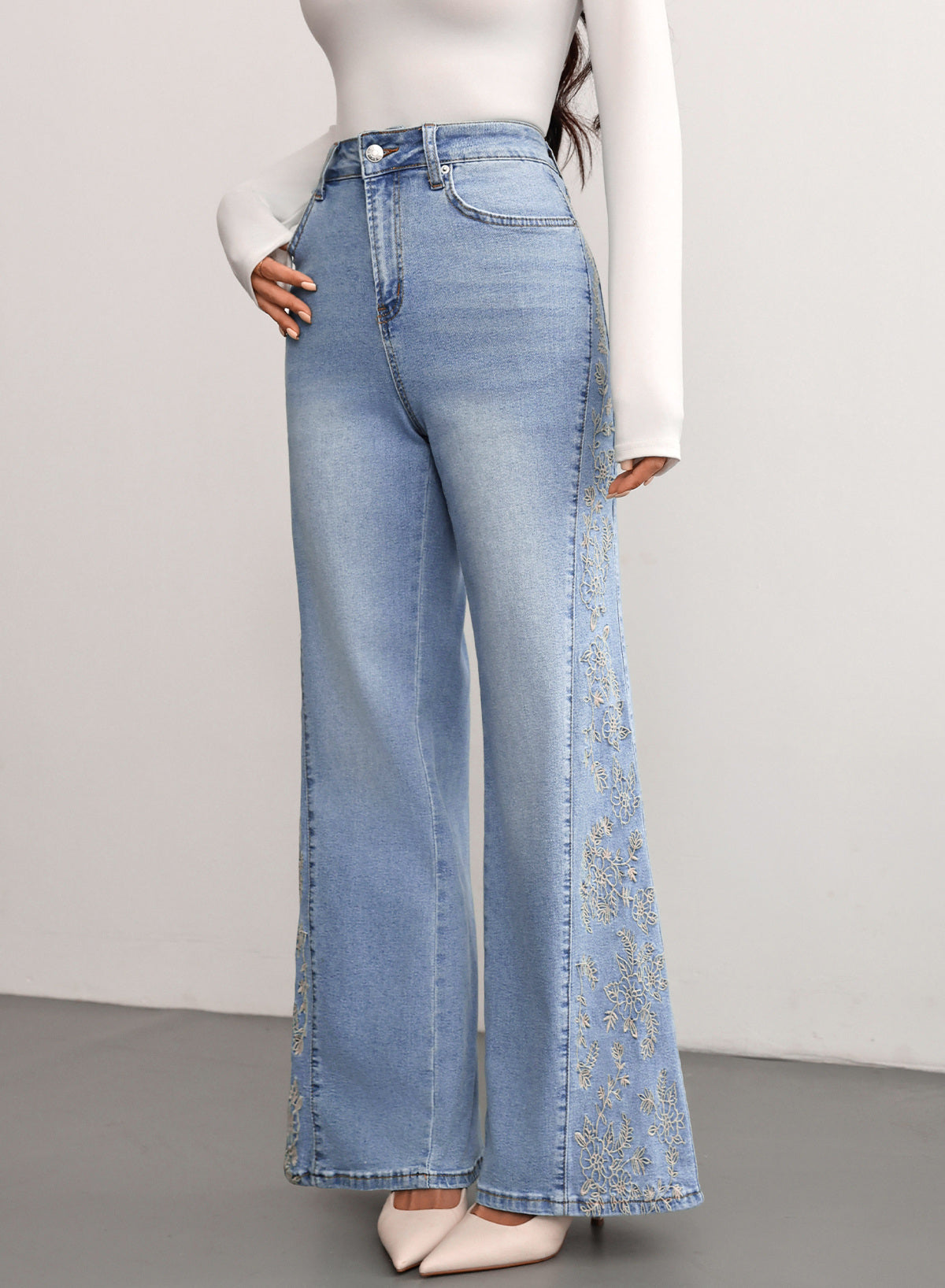 Dokotoo Women's Casual High Waist Embroidery Flare Leg Stretch Denim Pants