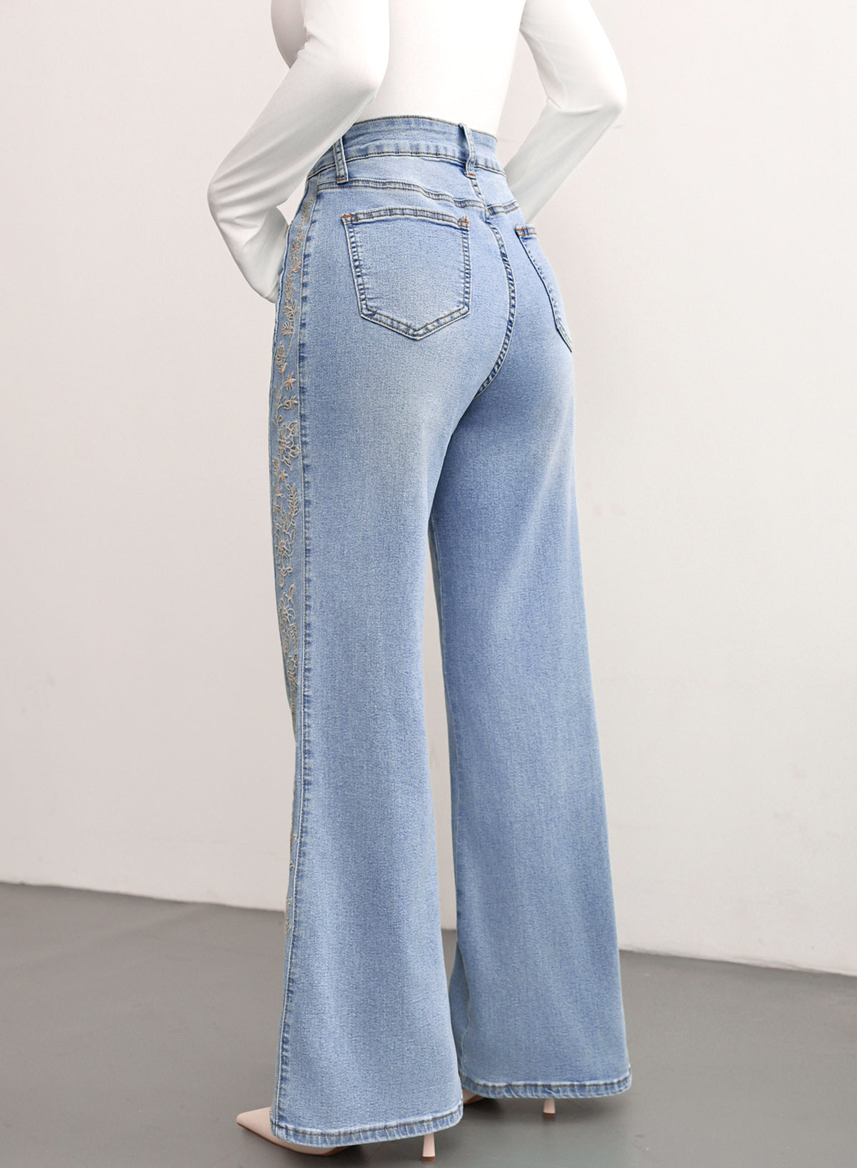 Dokotoo Women's Casual High Waist Embroidery Flare Leg Stretch Denim Pants
