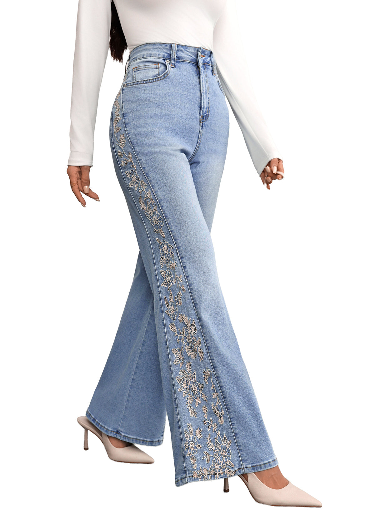 Dokotoo Women's Casual High Waist Embroidery Flare Leg Stretch Denim Pants