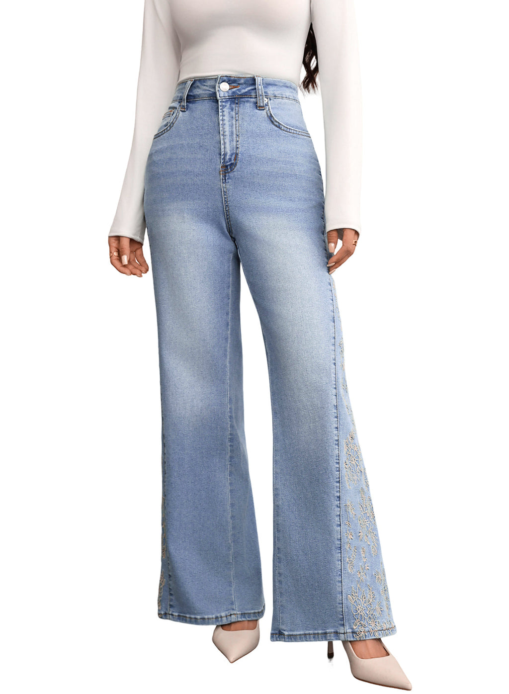 Dokotoo Women's Casual High Waist Embroidery Flare Leg Stretch Denim Pants