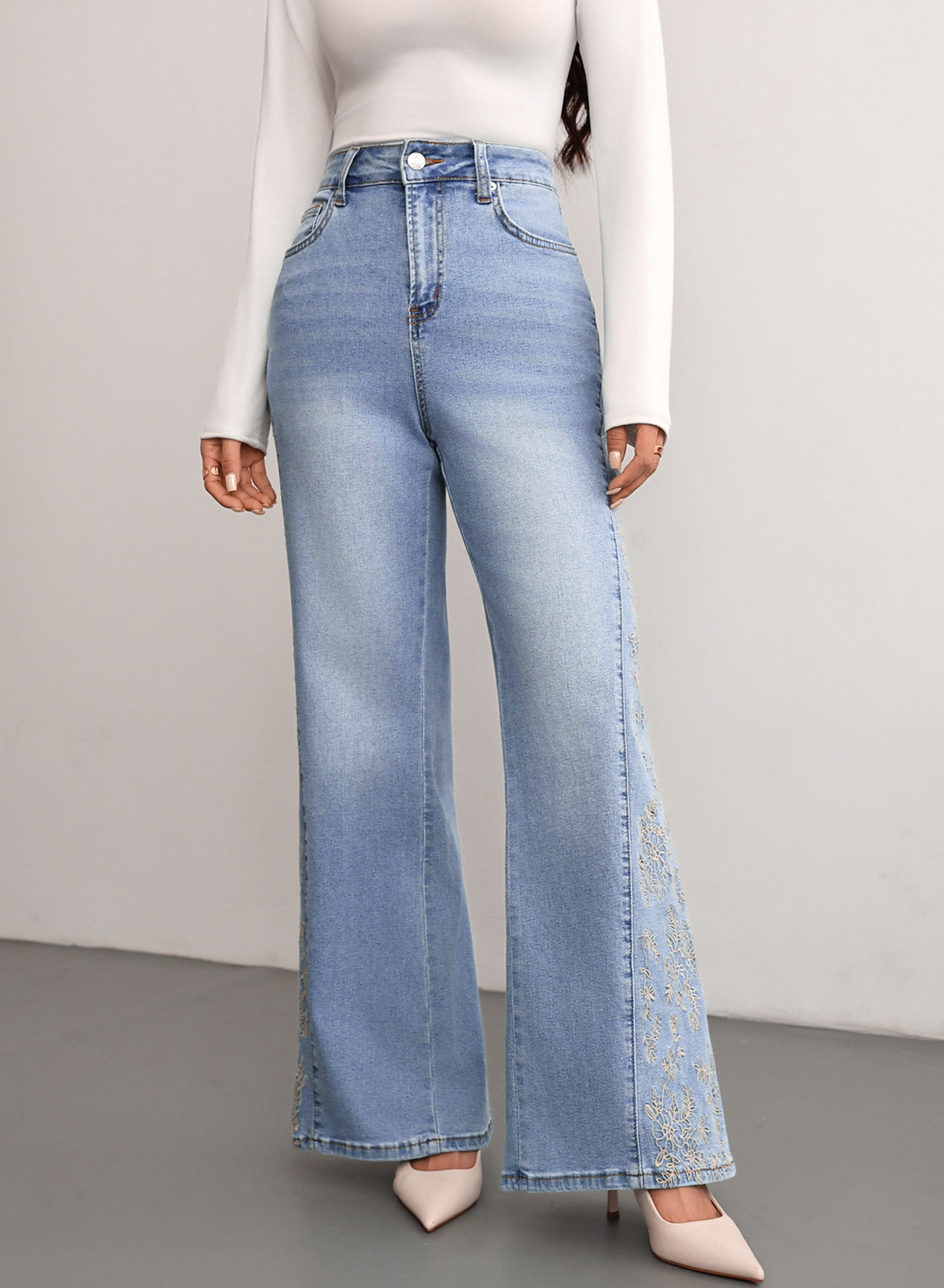 Dokotoo Women's Casual High Waist Embroidery Flare Leg Stretch Denim Pants