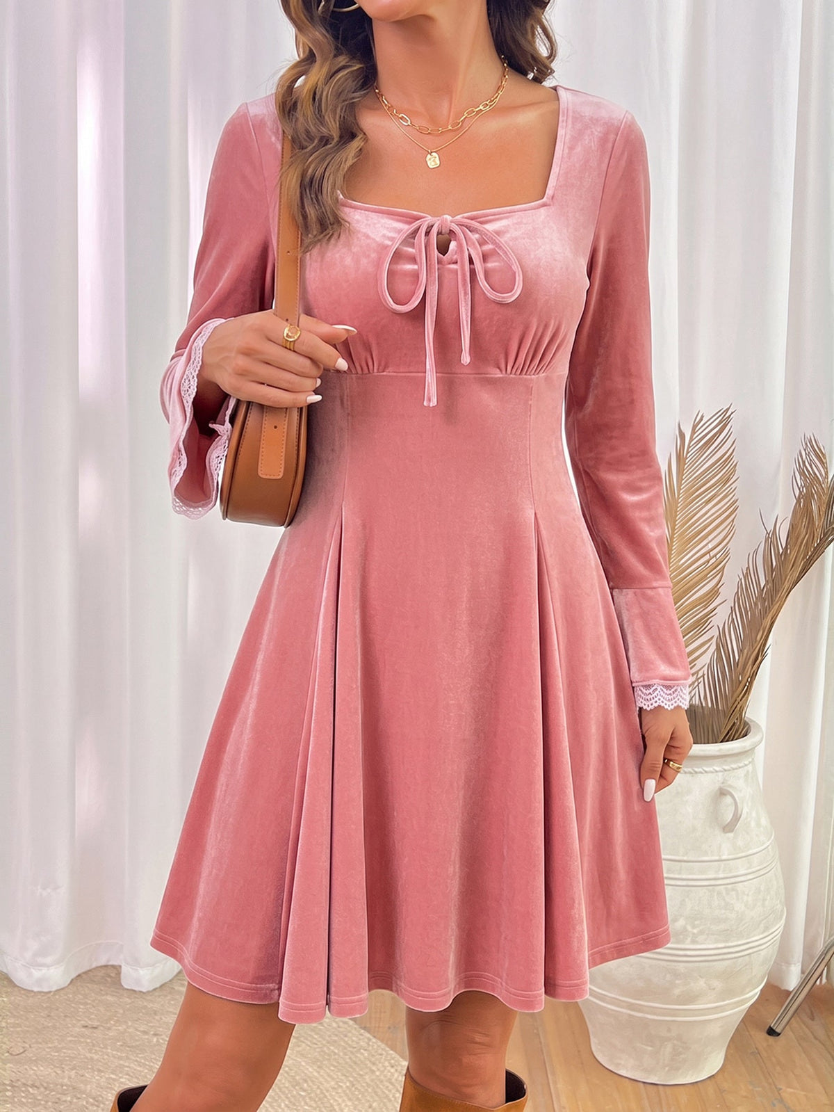 Dokotoo Womens Fall Dresses Lace Long Sleeve Velvet Dress