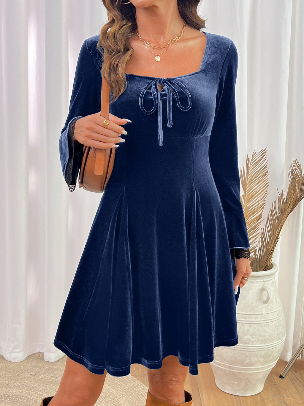 Dokotoo Womens Fall Dresses Lace Long Sleeve Velvet Dress