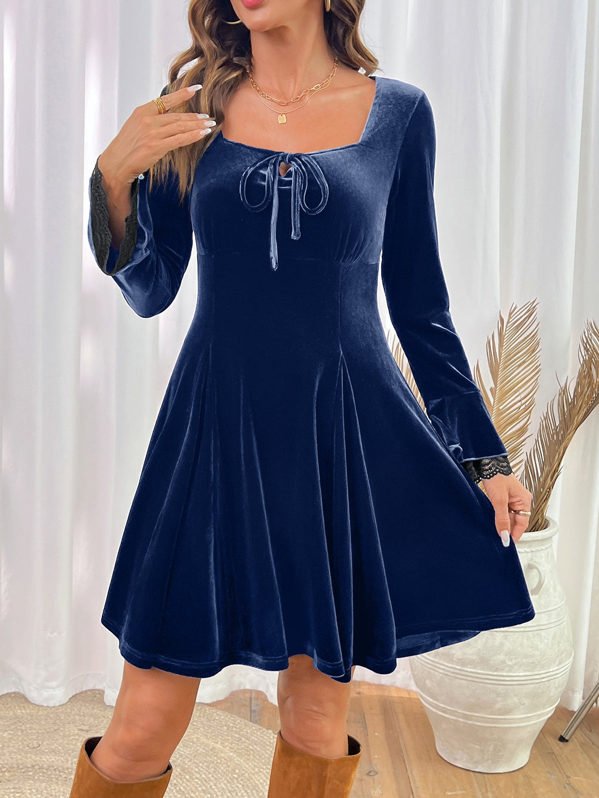 Dokotoo Womens Fall Dresses Lace Long Sleeve Velvet Dress