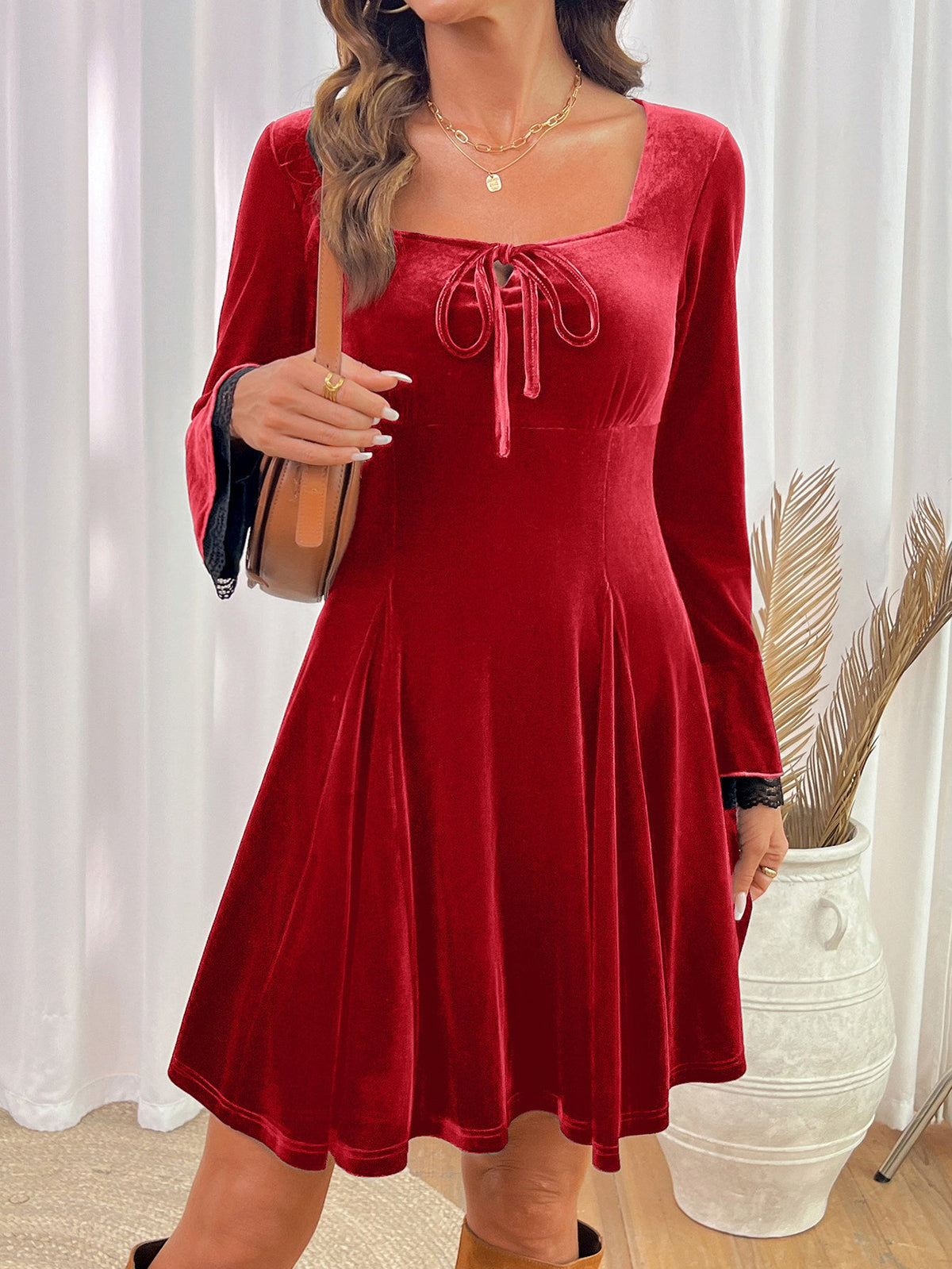 Dokotoo Womens Fall Dresses Lace Long Sleeve Velvet Dress