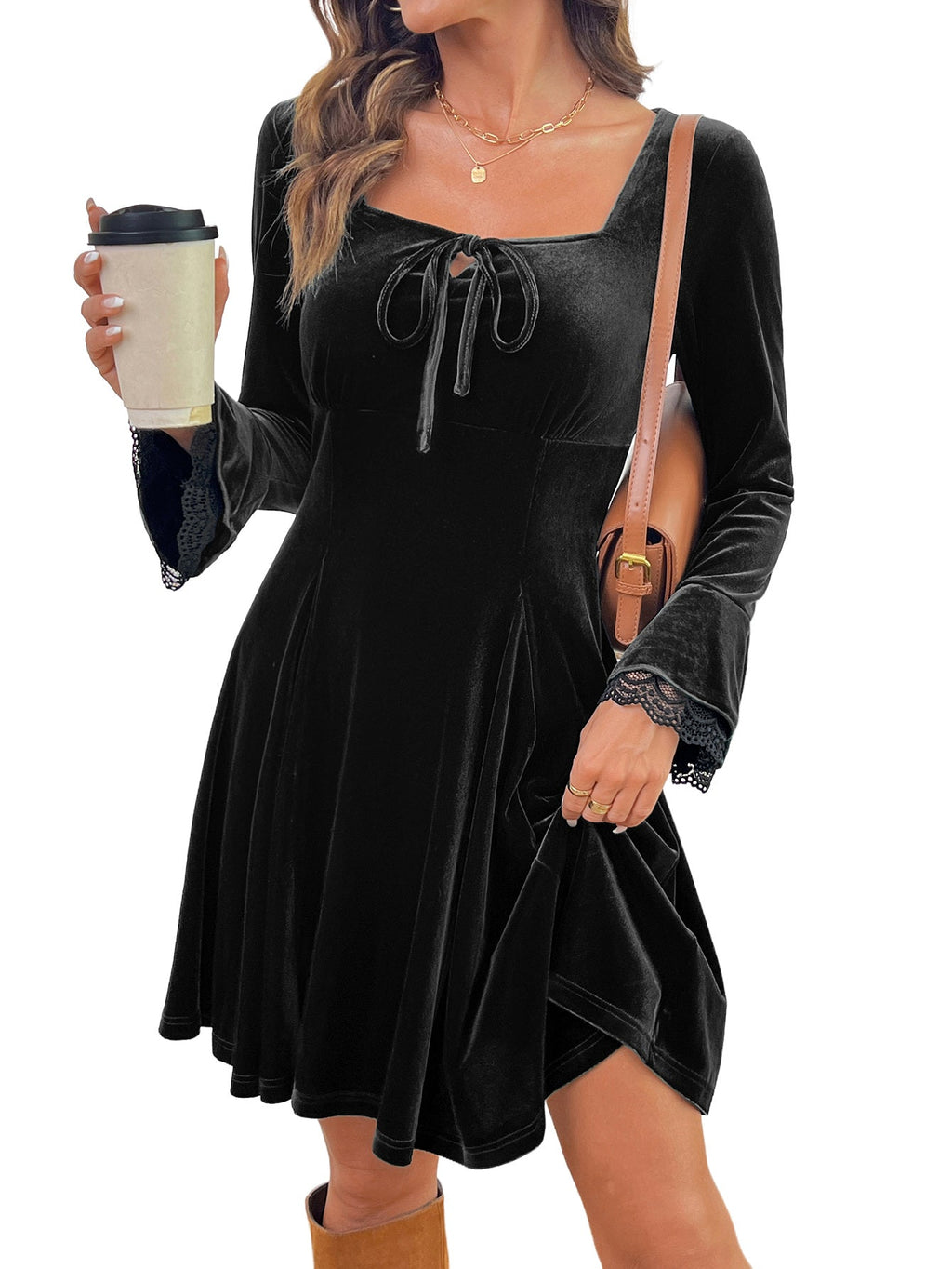Dokotoo Womens Fall Dresses Lace Long Sleeve Velvet Dress