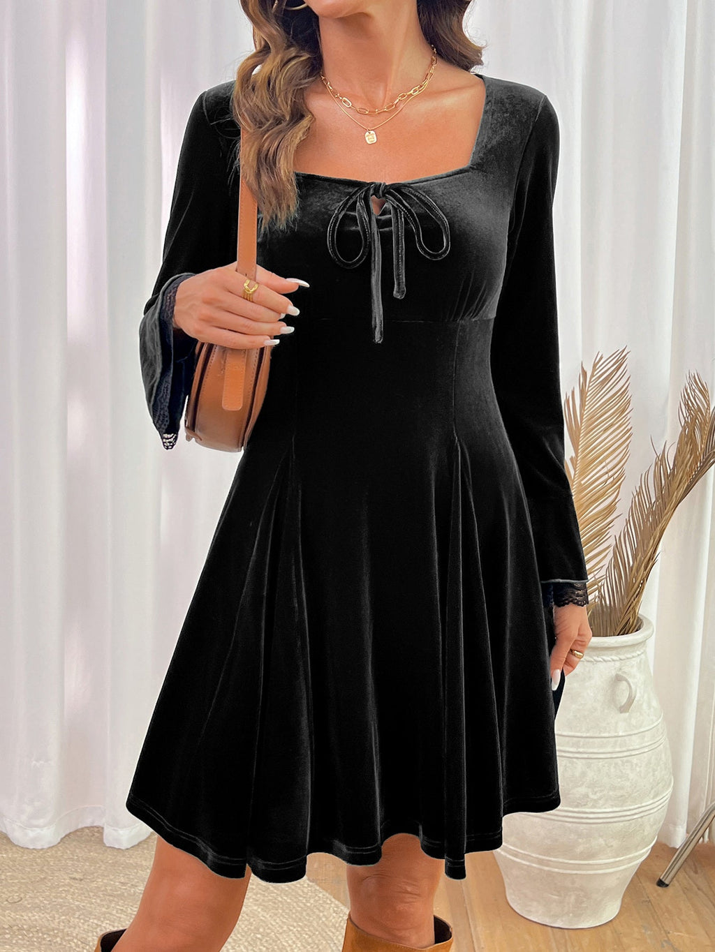 Dokotoo Womens Fall Dresses Lace Long Sleeve Velvet Dress