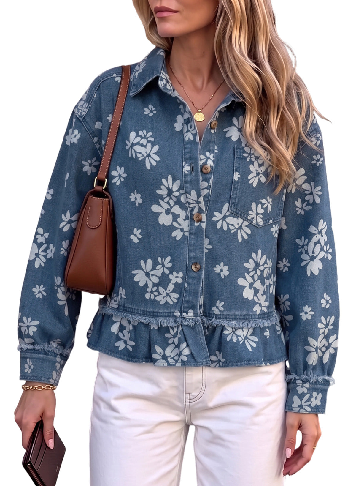 Dokotoo Womens Denim Jacket Ruffle Hem Button Down Jean Coats