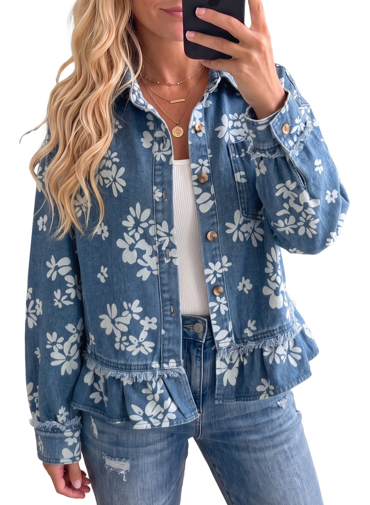 Dokotoo Womens Denim Jacket Ruffle Hem Button Down Jean Coats