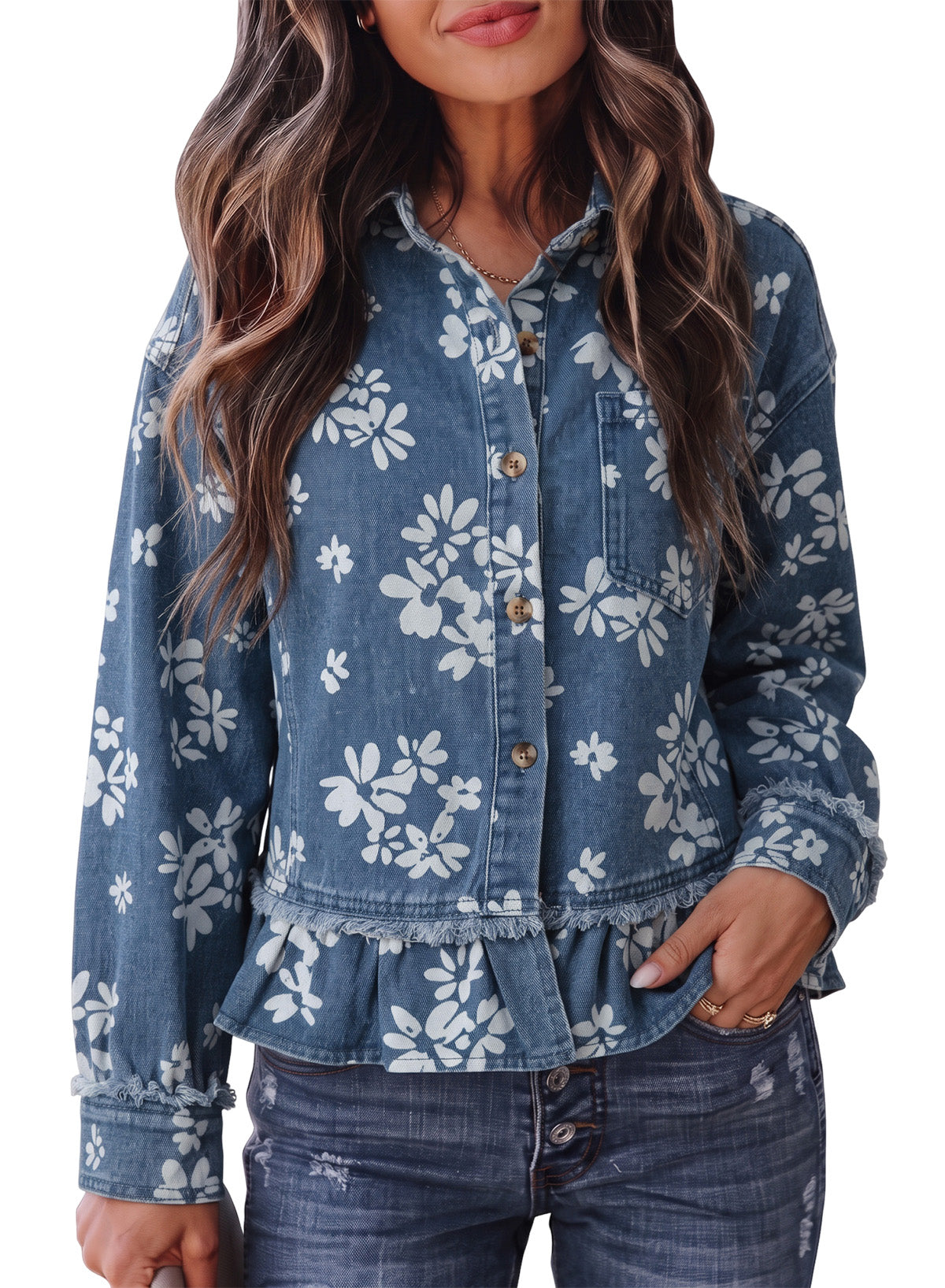 Dokotoo Womens Denim Jacket Ruffle Hem Button Down Jean Coats