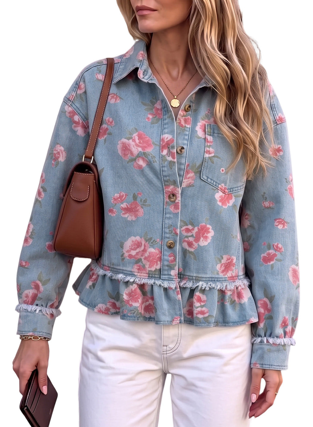 Dokotoo Womens Denim Jacket Ruffle Hem Button Down Jean Coats