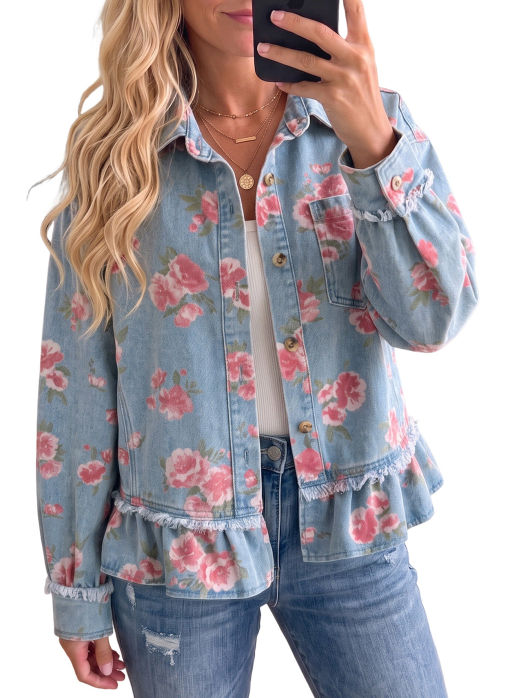 Dokotoo Womens Denim Jacket Ruffle Hem Button Down Jean Coats
