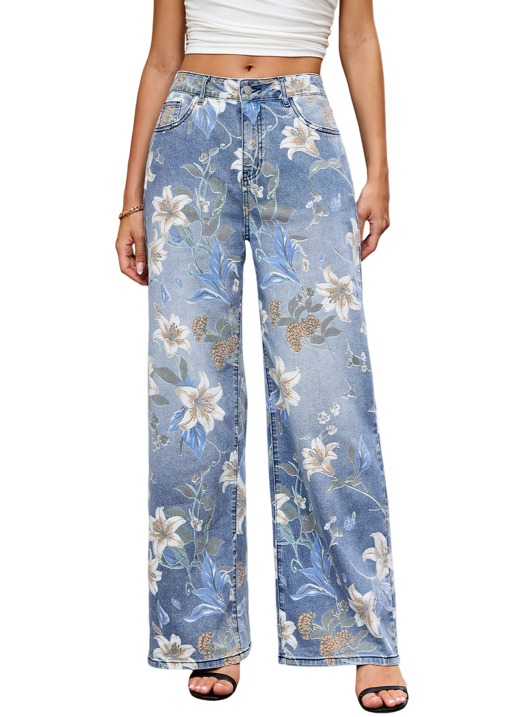Dokotoo Women's Wide Leg Jeans Floral Print Baggy Denim Pants with Pockets