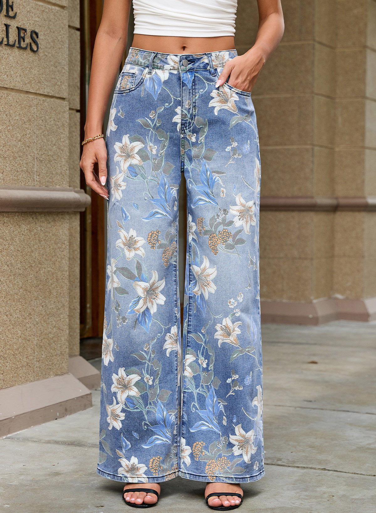 Dokotoo Women's Wide Leg Jeans Floral Print Baggy Denim Pants with Pockets