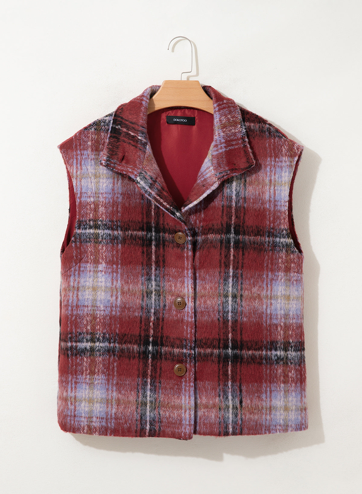 Dokotoo Oversized Plaid Vest Tops for Women Fleece Cap Sleeve Coats