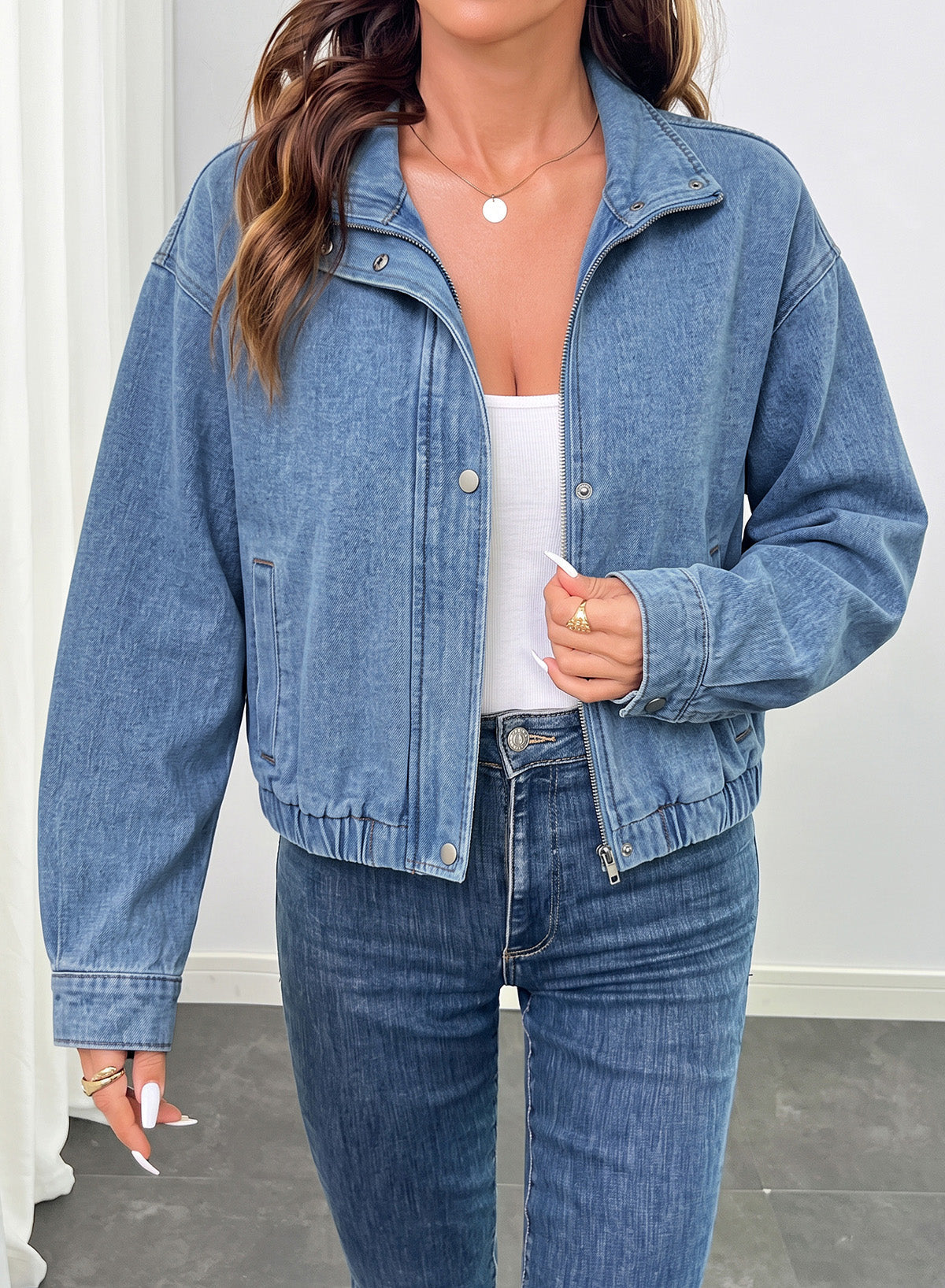 Dokotoo Womens Cropped Jean Jacket Zip Up Oversized Denim Jacket