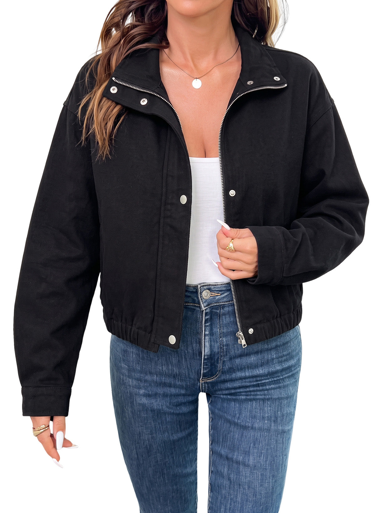 Dokotoo Womens Cropped Jean Jacket Zip Up Oversized Denim Jacket