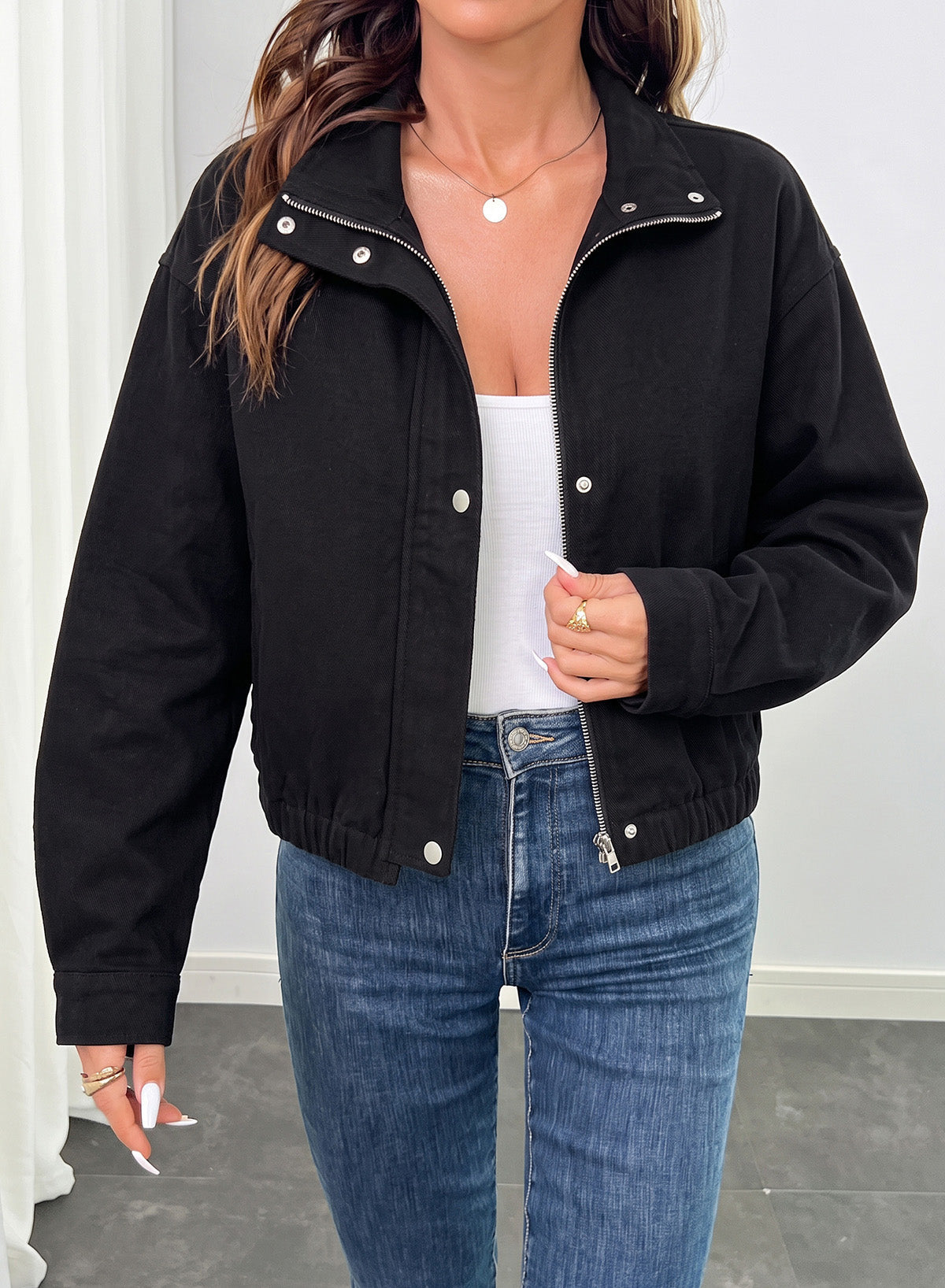 Dokotoo Womens Cropped Jean Jacket Zip Up Oversized Denim Jacket
