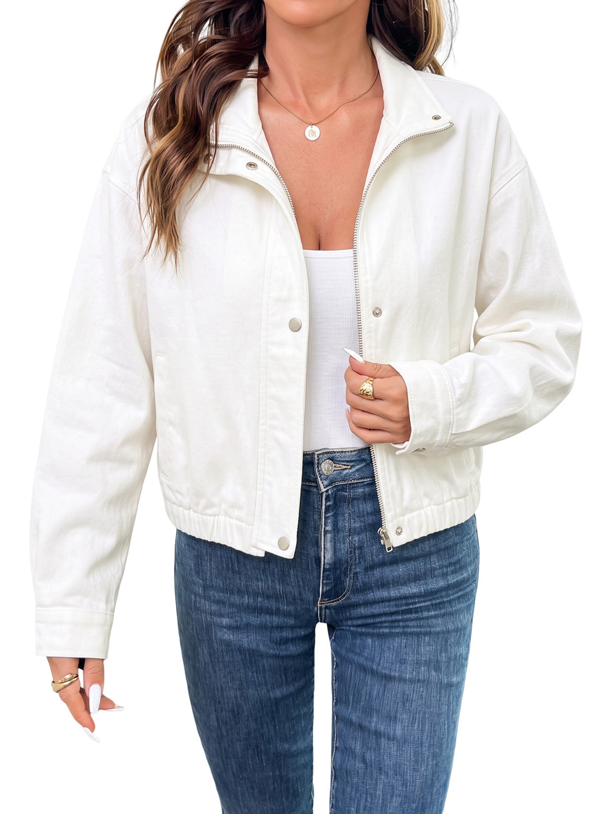 Dokotoo Womens Cropped Jean Jacket Zip Up Oversized Denim Jacket
