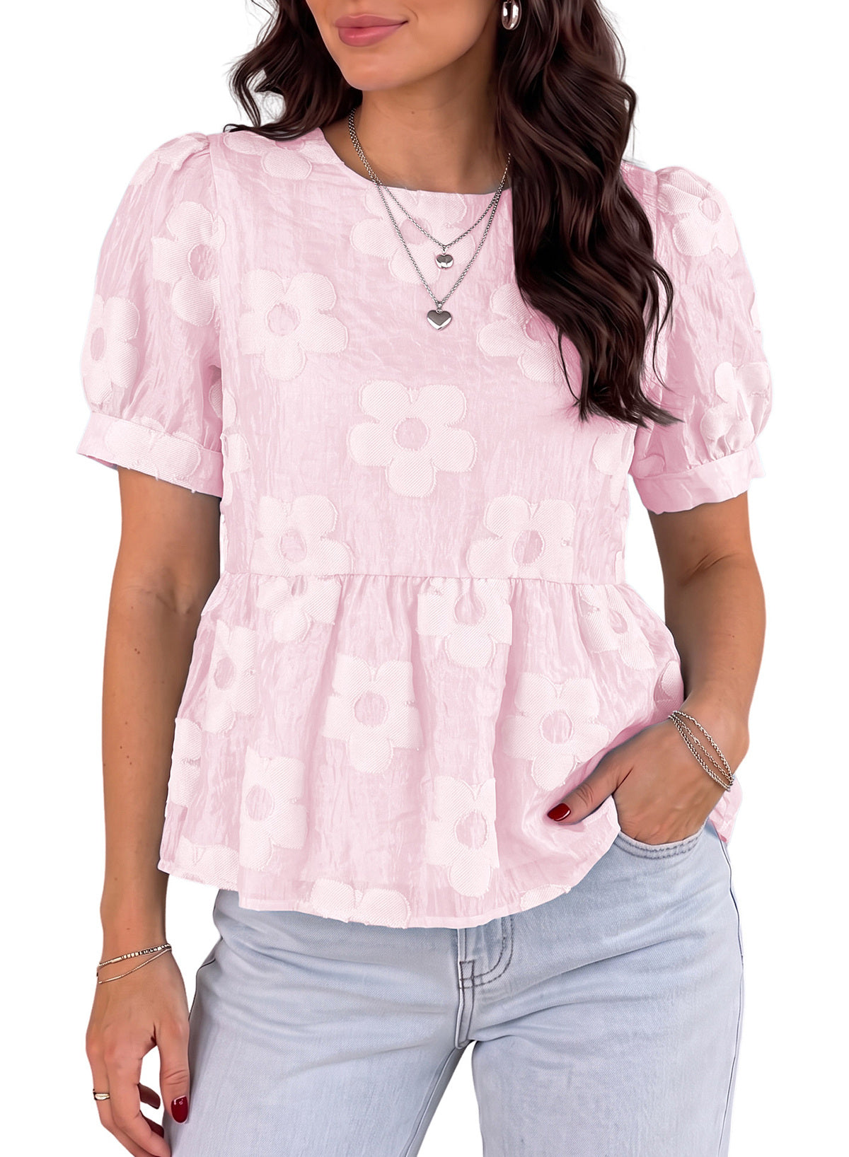 Dokotoo Women's Boho Floral Dressy Tops Summer Puff Sleeve Shirts Blouses