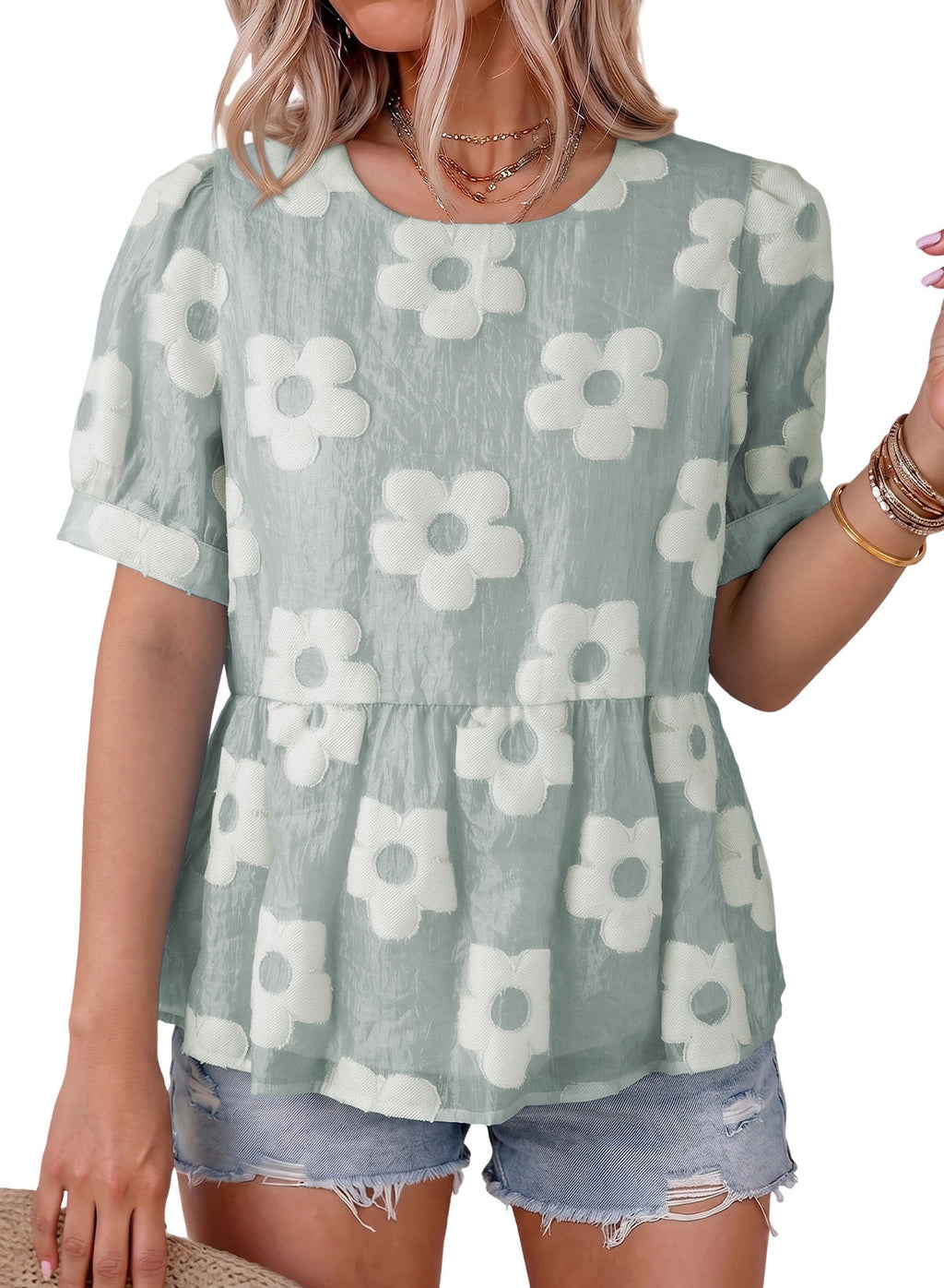 Dokotoo Women's Boho Floral Dressy Tops Summer Puff Sleeve Shirts Blouses