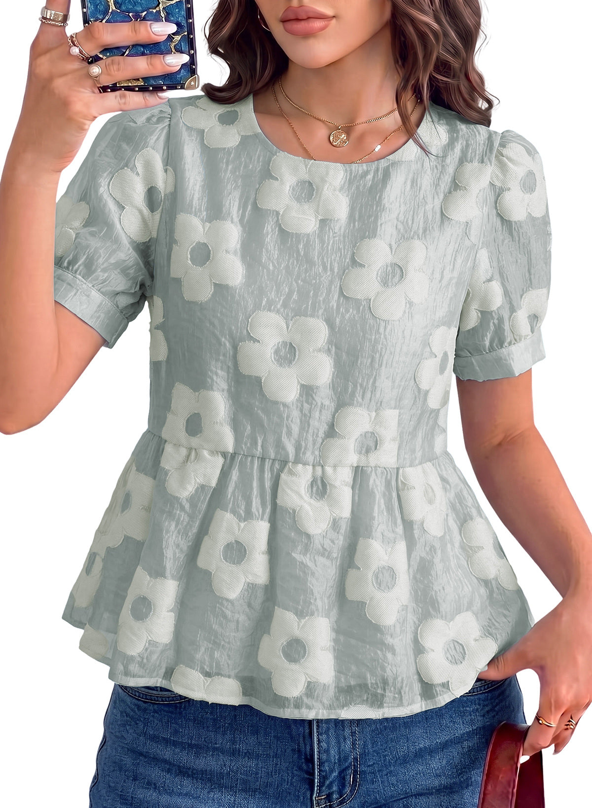 Dokotoo Women's Boho Floral Dressy Tops Summer Puff Sleeve Shirts Blouses