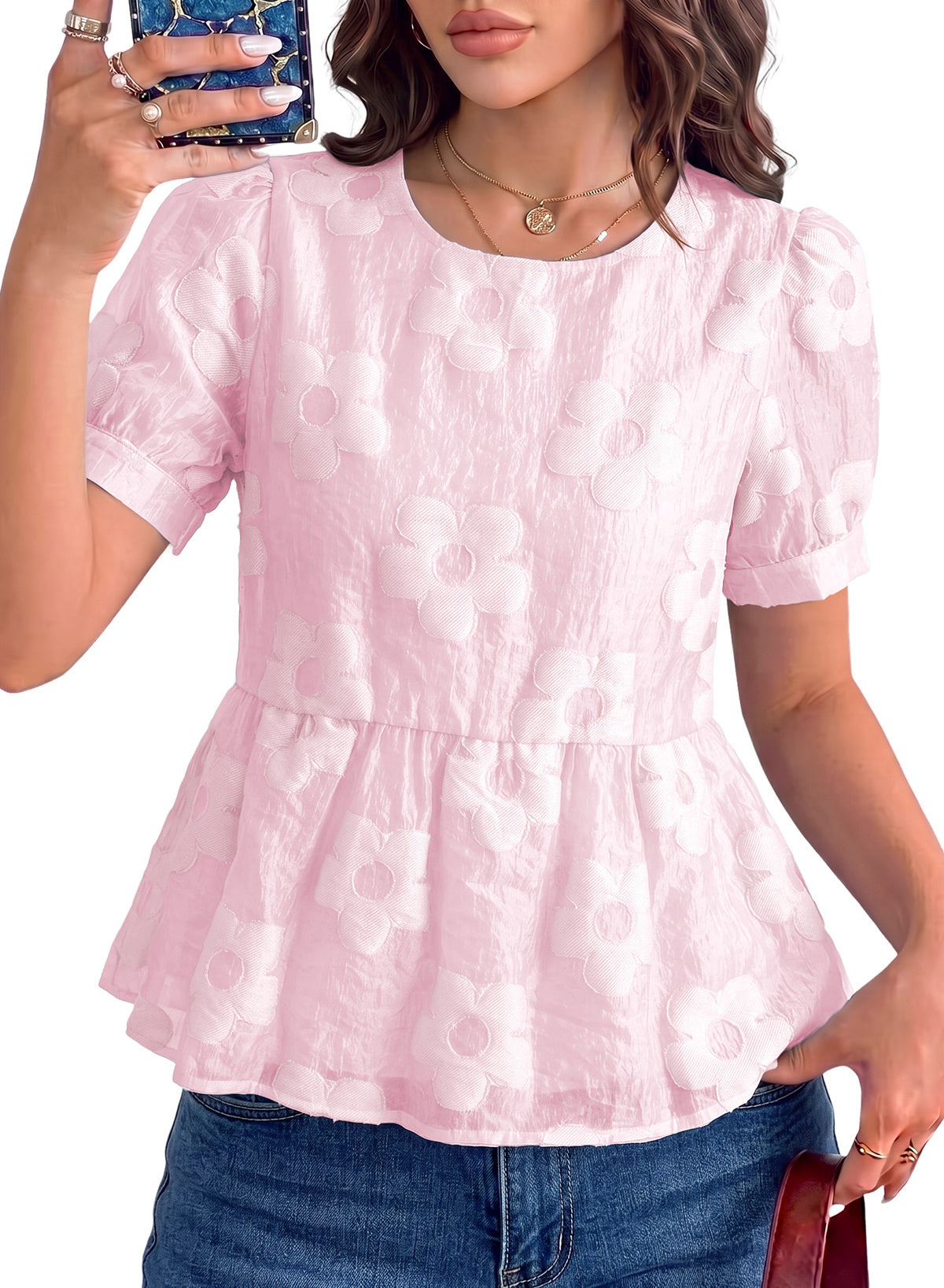 Dokotoo Women's Boho Floral Dressy Tops Summer Puff Sleeve Shirts Blouses