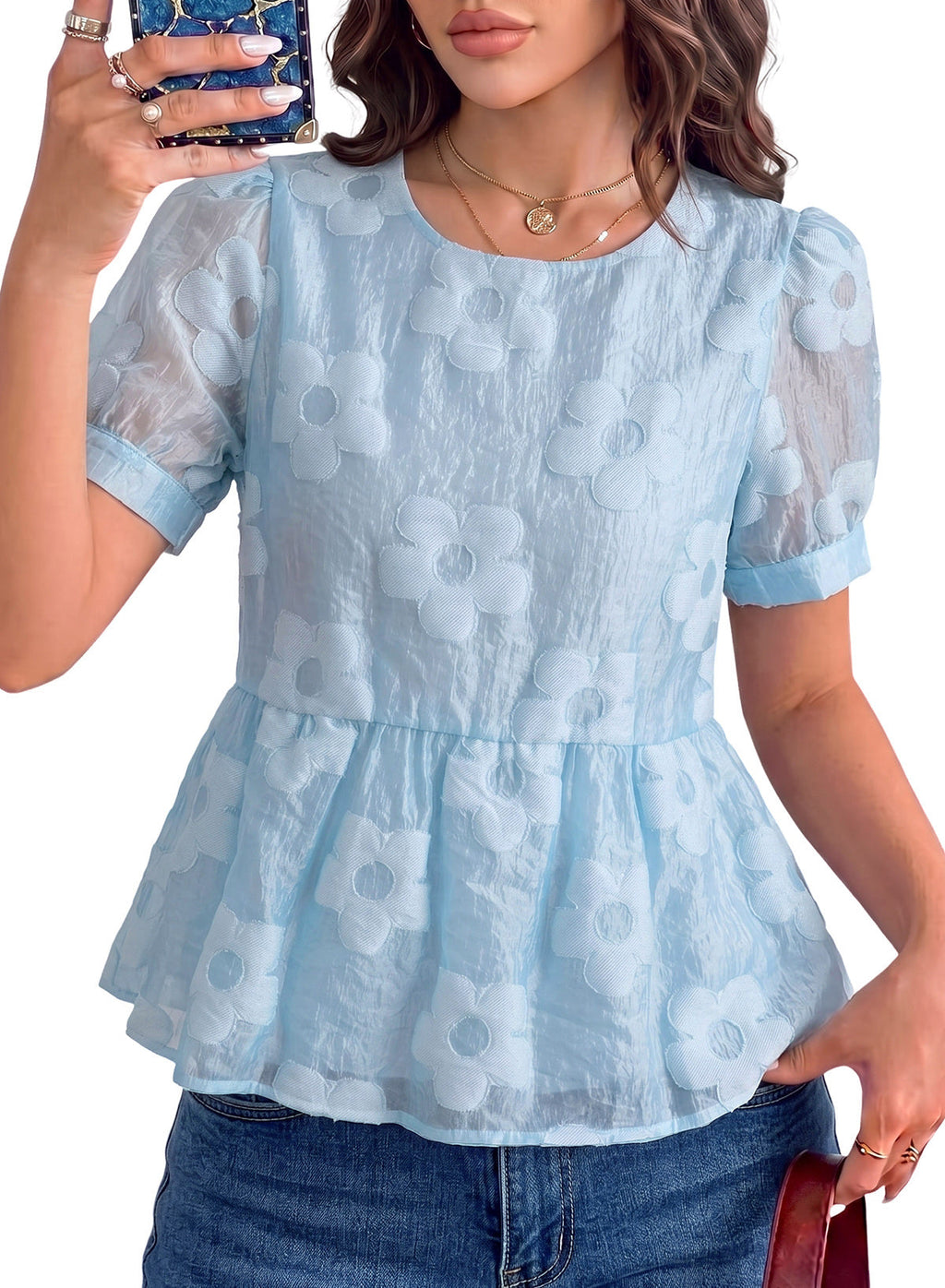 Dokotoo Women's Boho Floral Dressy Tops Summer Puff Sleeve Shirts Blouses