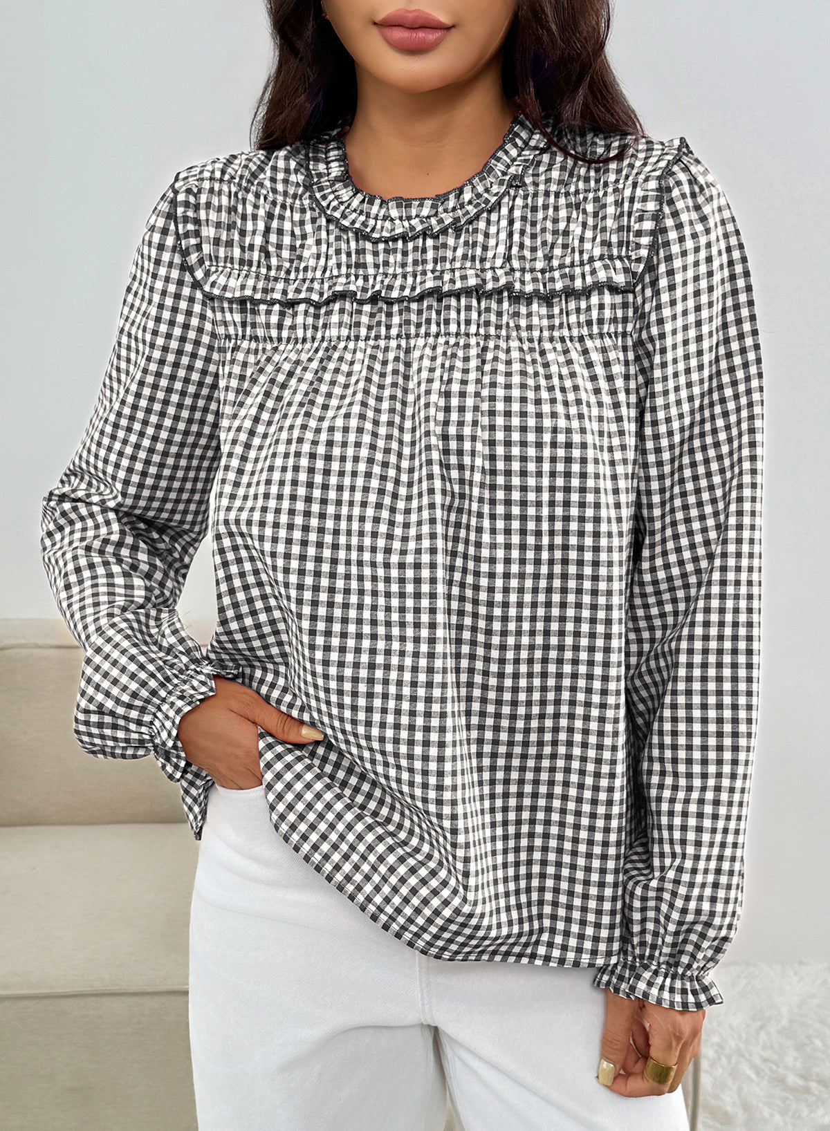 Dokotoo Gingham Long Sleeve Shirts for Women Cotton Babydoll Tops
