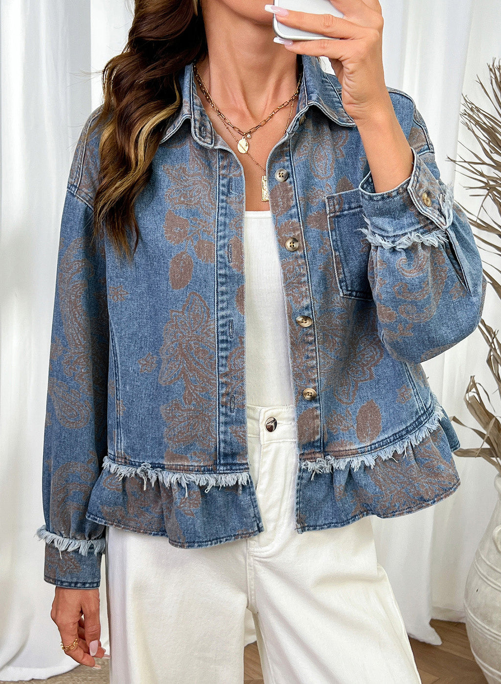 Dokotoo Womens Denim Jacket Ruffle Hem Button Down Jean Coats