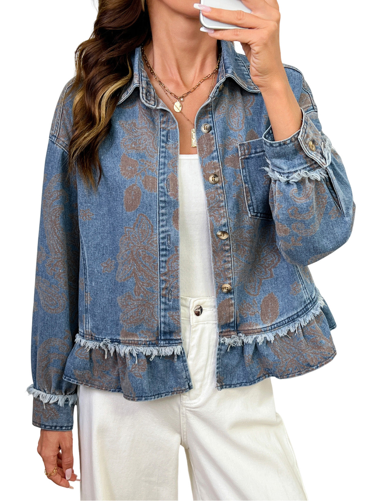 Dokotoo Womens Denim Jacket Ruffle Hem Button Down Jean Coats