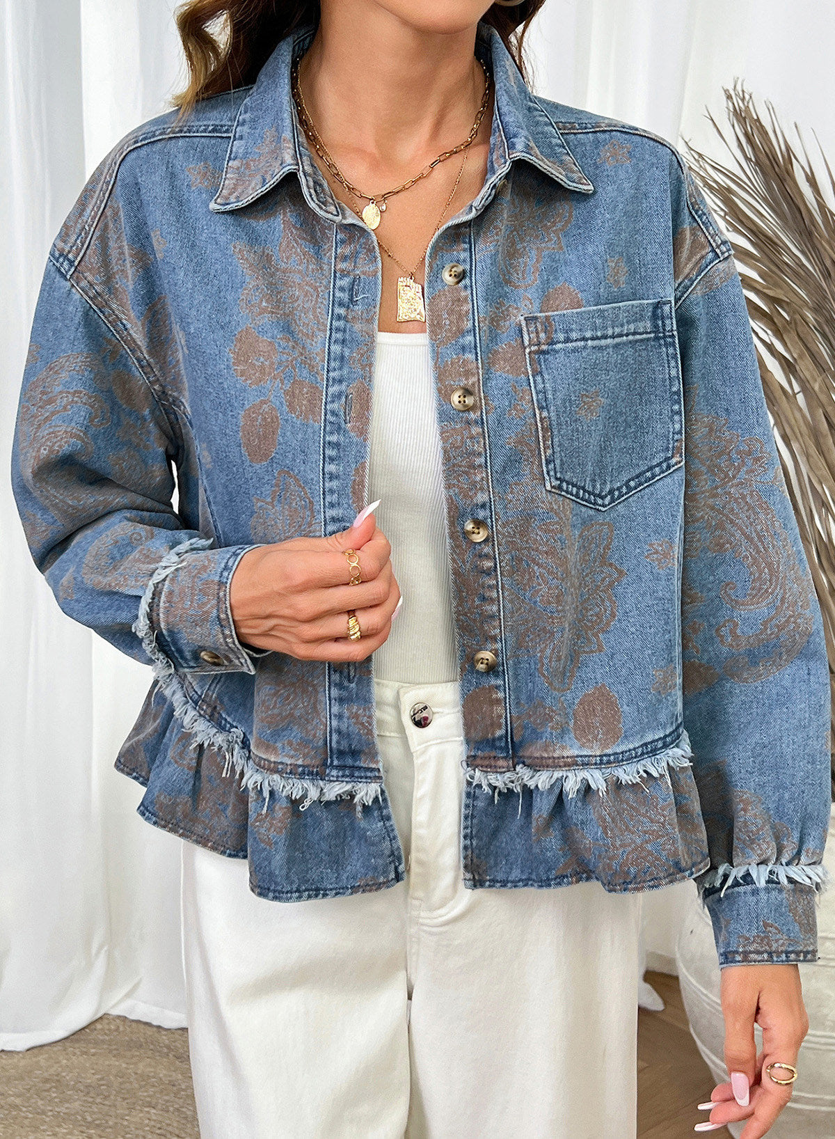 Dokotoo Womens Denim Jacket Ruffle Hem Button Down Jean Coats