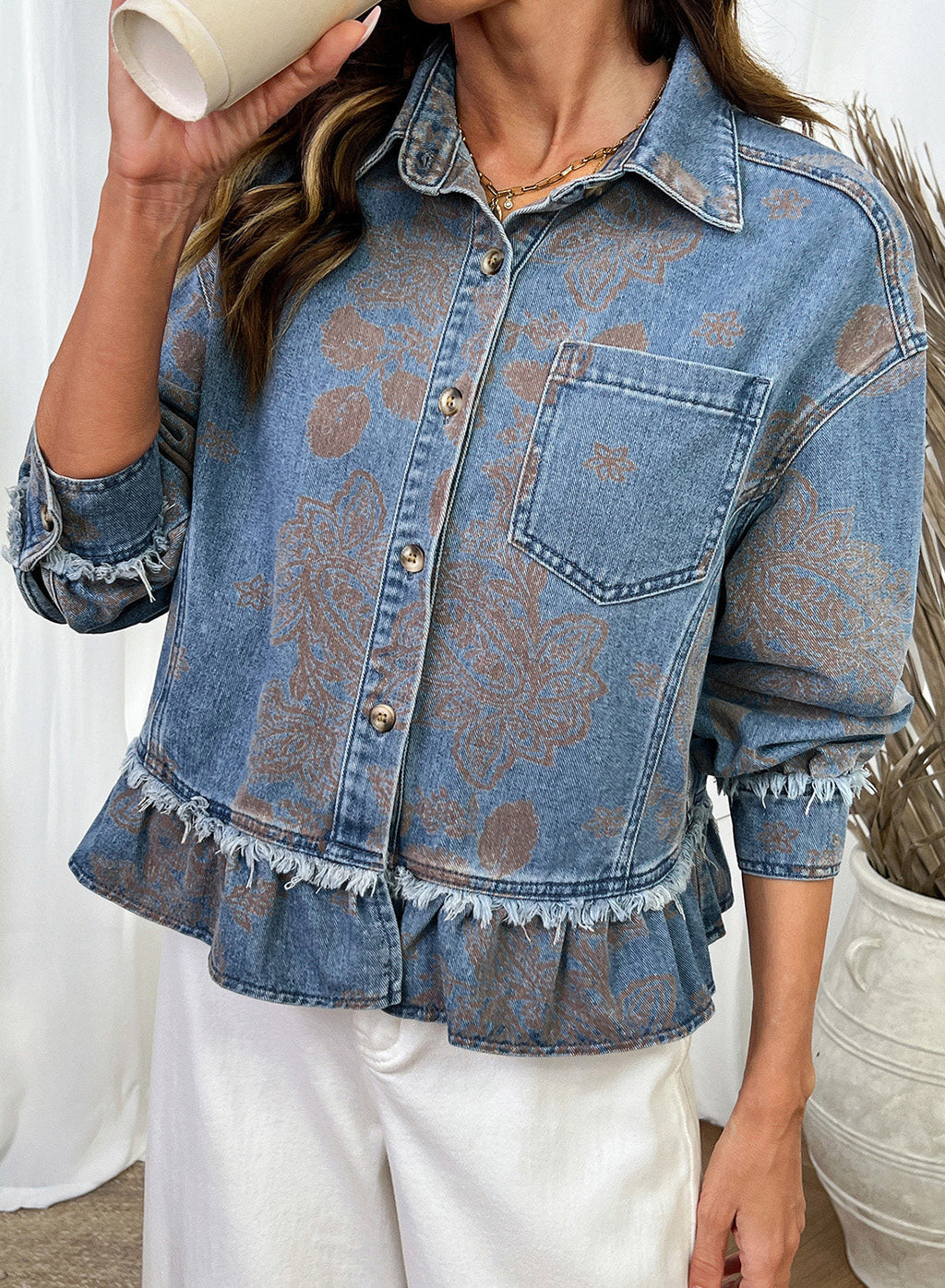 Dokotoo Womens Denim Jacket Ruffle Hem Button Down Jean Coats